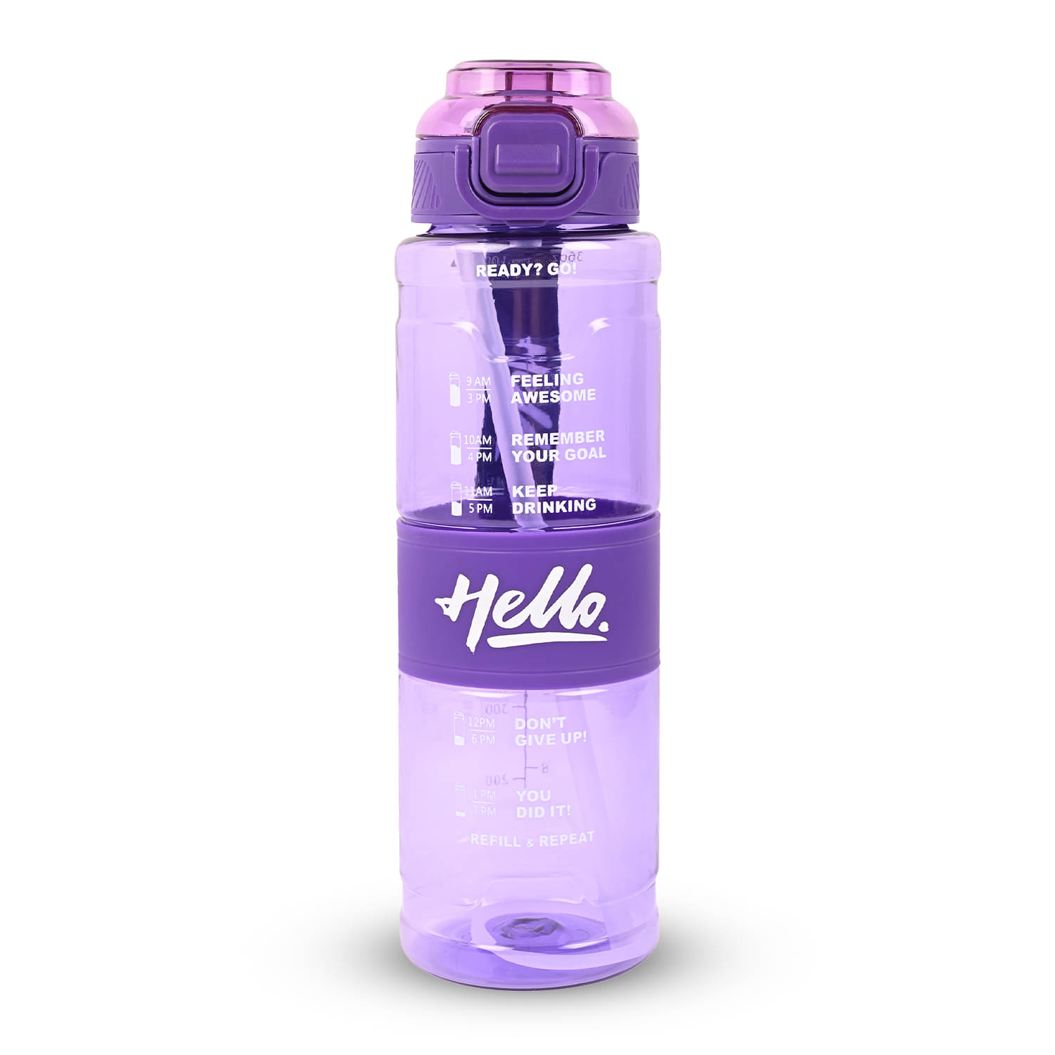     			Sageware Hello Printed 1000ml Water Bottle for Gym Office Purple Plastic Sipper Water Bottle 1000 mL ( Set of 1 )