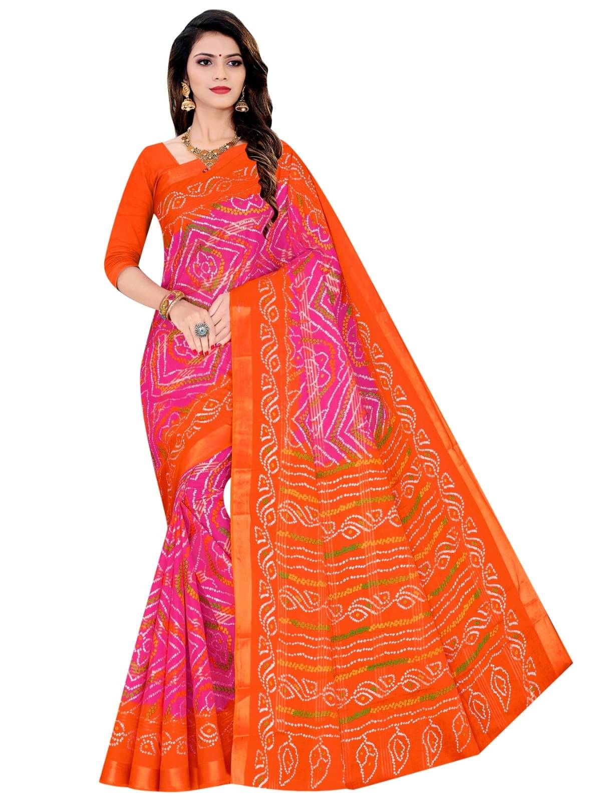     			Sarita Saree Cotton Printed Bandhani Sarees Without Blouse Piece ( Fluorescent Pink )