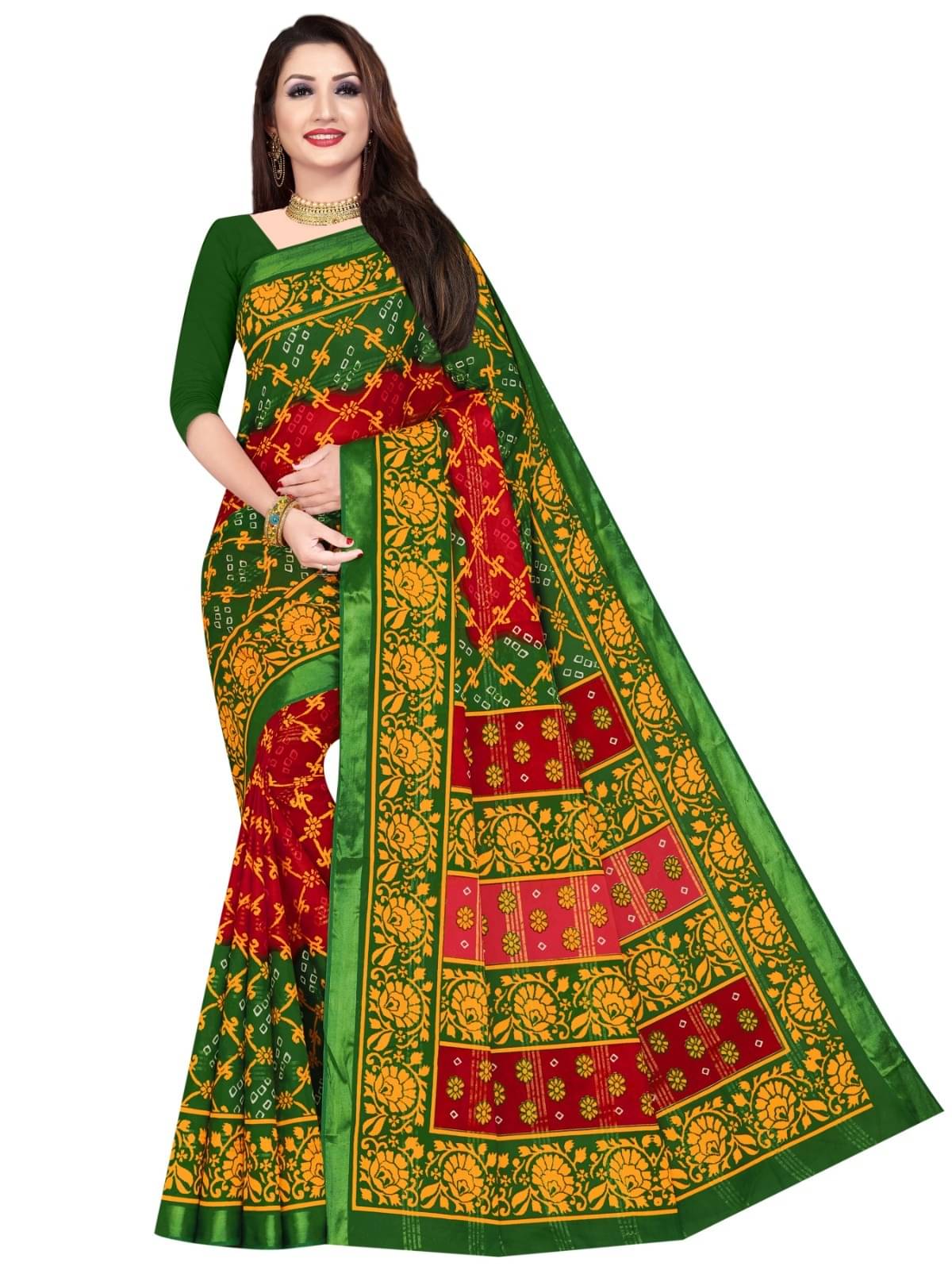     			Sarita Saree Cotton Printed Bandhani Sarees Without Blouse Piece ( Fluorescent Orange )