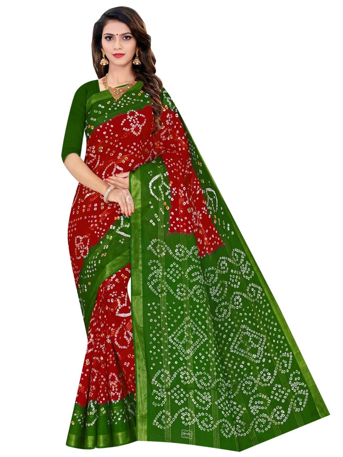     			Sarita Saree Cotton Printed Bandhani Sarees Without Blouse Piece ( Green )