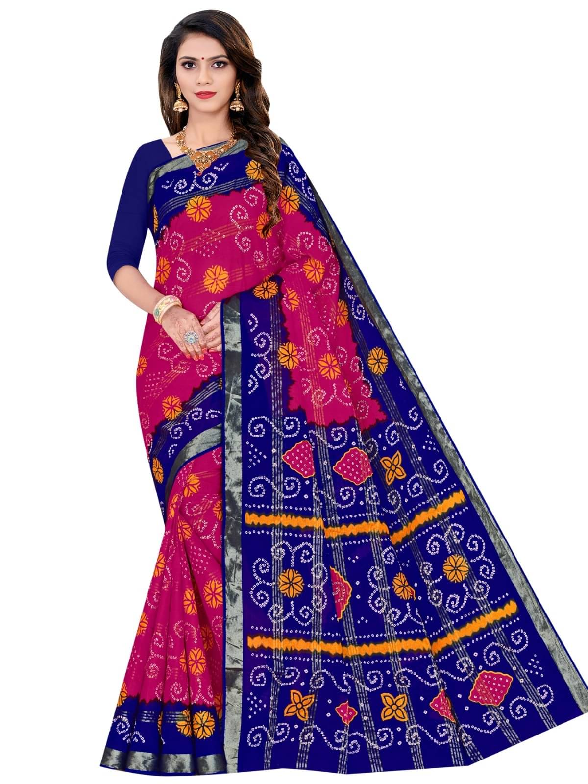     			Sarita Saree Cotton Printed Bandhani Sarees Without Blouse Piece ( Pink )