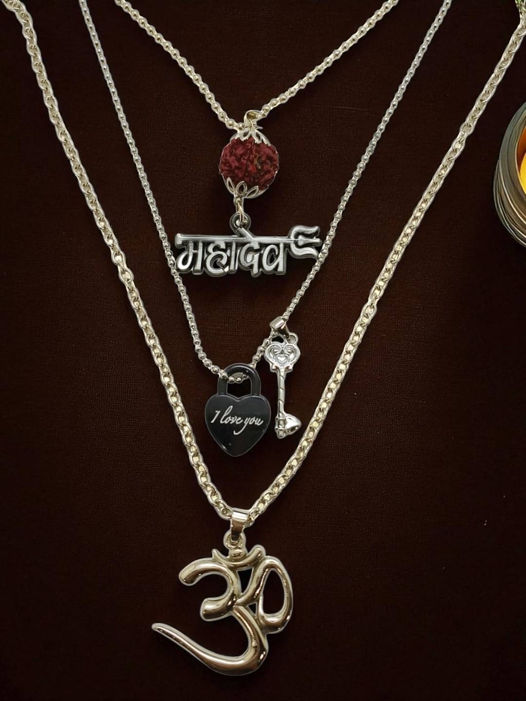     			Set Of 3 Silver Plated Spiritual Pendant With Chain | Combo Locket Set For Men and Boys