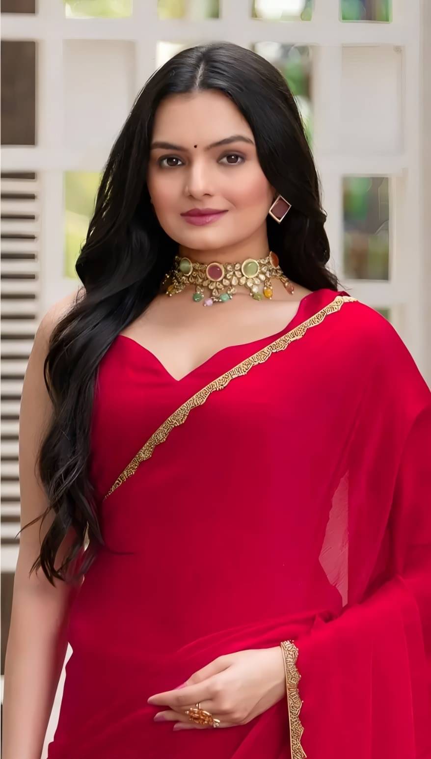     			V FANCY Chiffon Solid Kanjeevaram Sarees With Stitched Blouse ( Red )