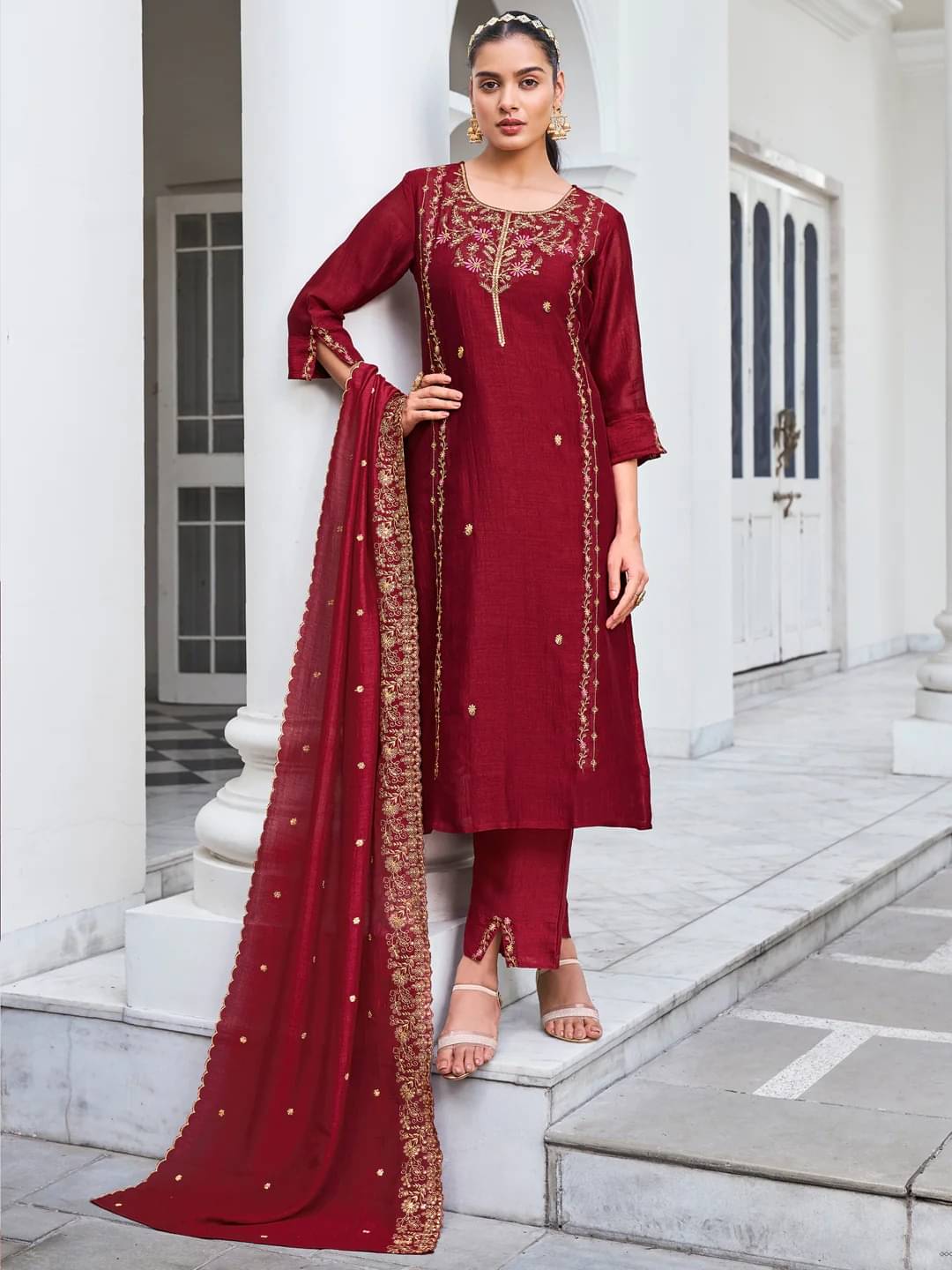 Veorda Wear Women Silk Embroidered A-line Kurti With Pants ( Maroon )     			Veorda Wear Women Silk Embroidered A-line Kurti With Pants ( Maroon )