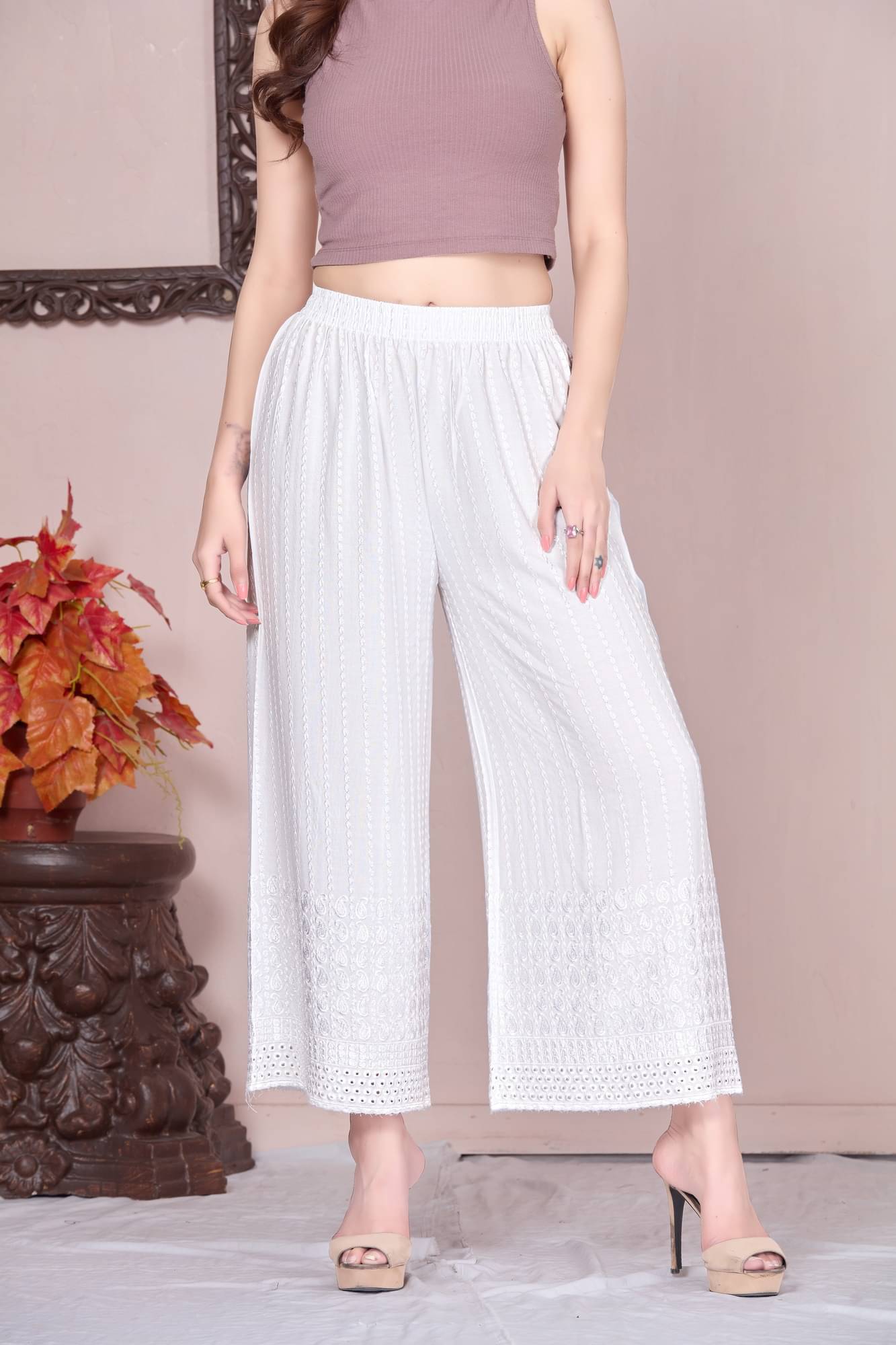 Vivika Women Rayon Embroidered Palazzos ( White )     			Vivika Women Rayon Embroidered Palazzos ( White )