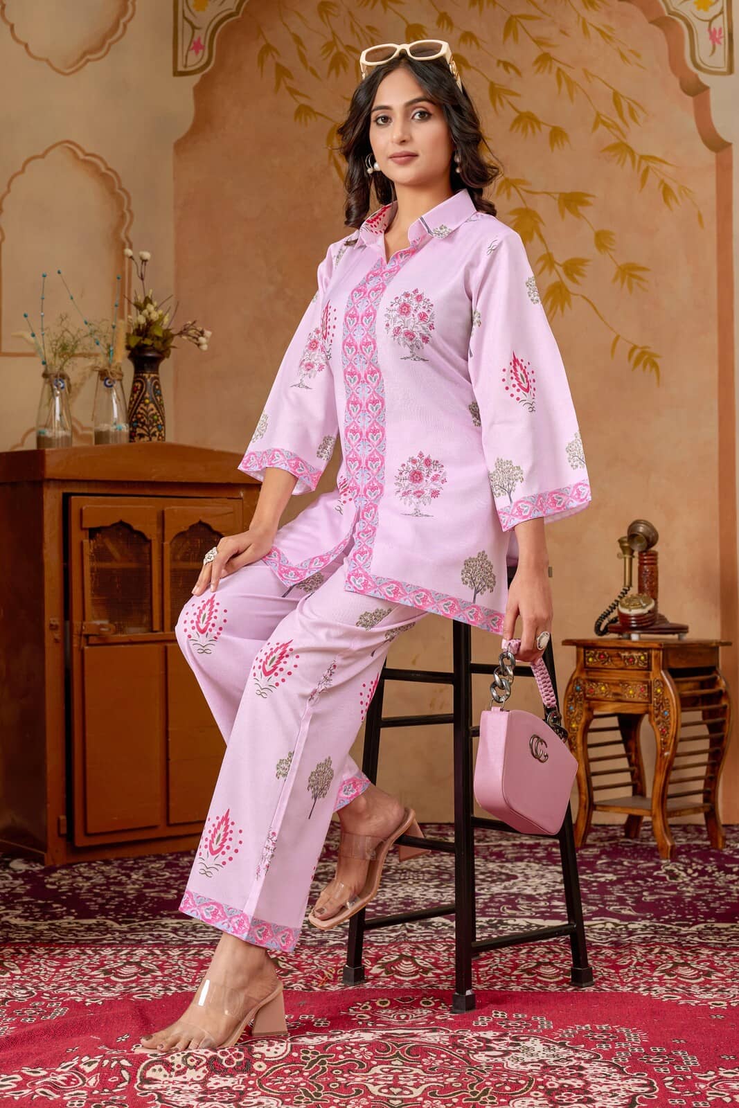 Women Basket Women Printed Tunic With Trousers Co-Ord Set ( Blue )