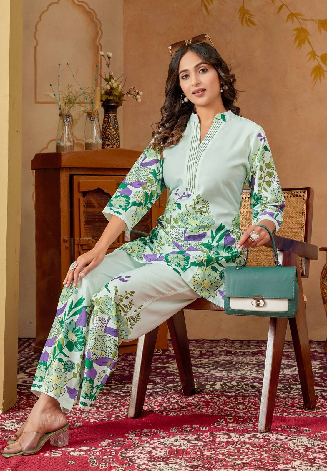 Women Basket Women Printed Tunic With Trousers Co-Ord Set ( Green )