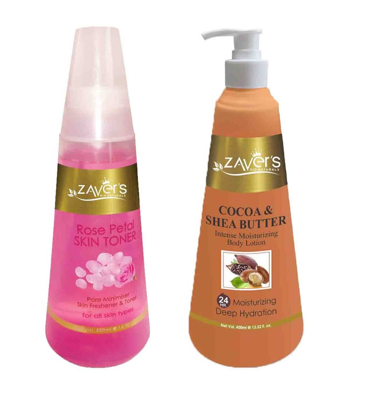     			Zavers Rose Petal Skin Freshener And Toner Lotion And Cocoa Shea Butter  Lotion 400ml Each (Pack of 2)