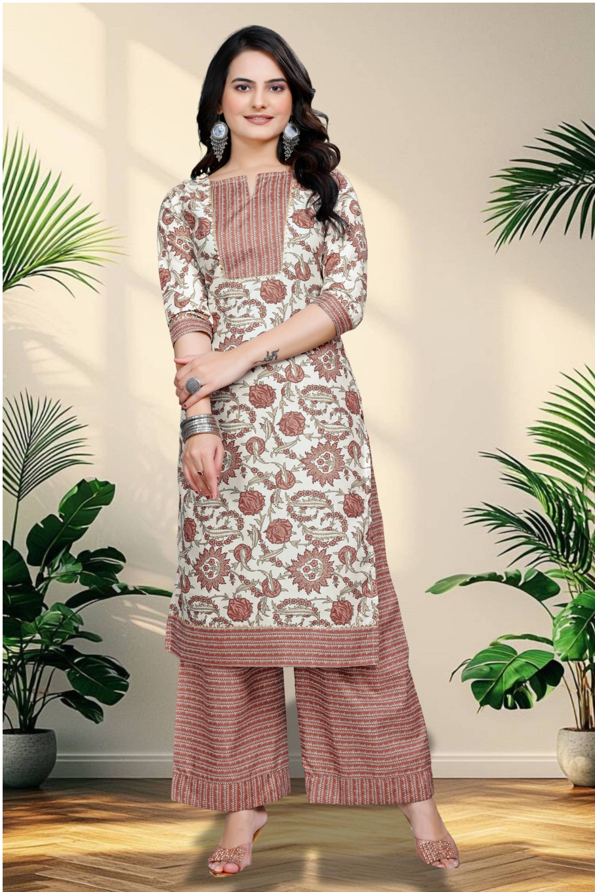     			ZELZIS Women Cotton Printed A-line Kurti With Sharara And Gharara ( Peach )