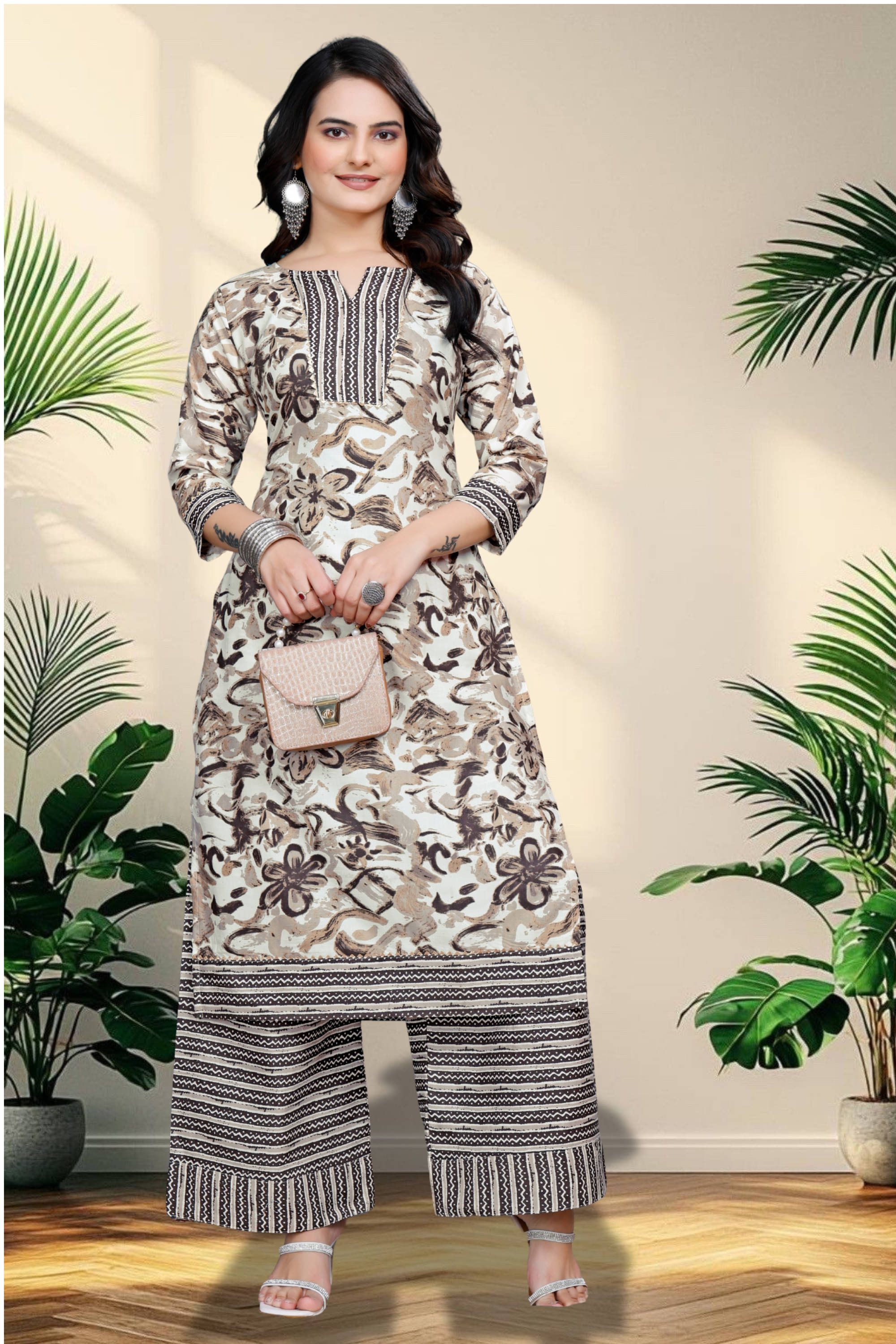 ZELZIS Women Cotton Printed A-line Kurti With Sharara And Gharara ( Cream )     			ZELZIS Women Cotton Printed A-line Kurti With Sharara And Gharara ( Cream )