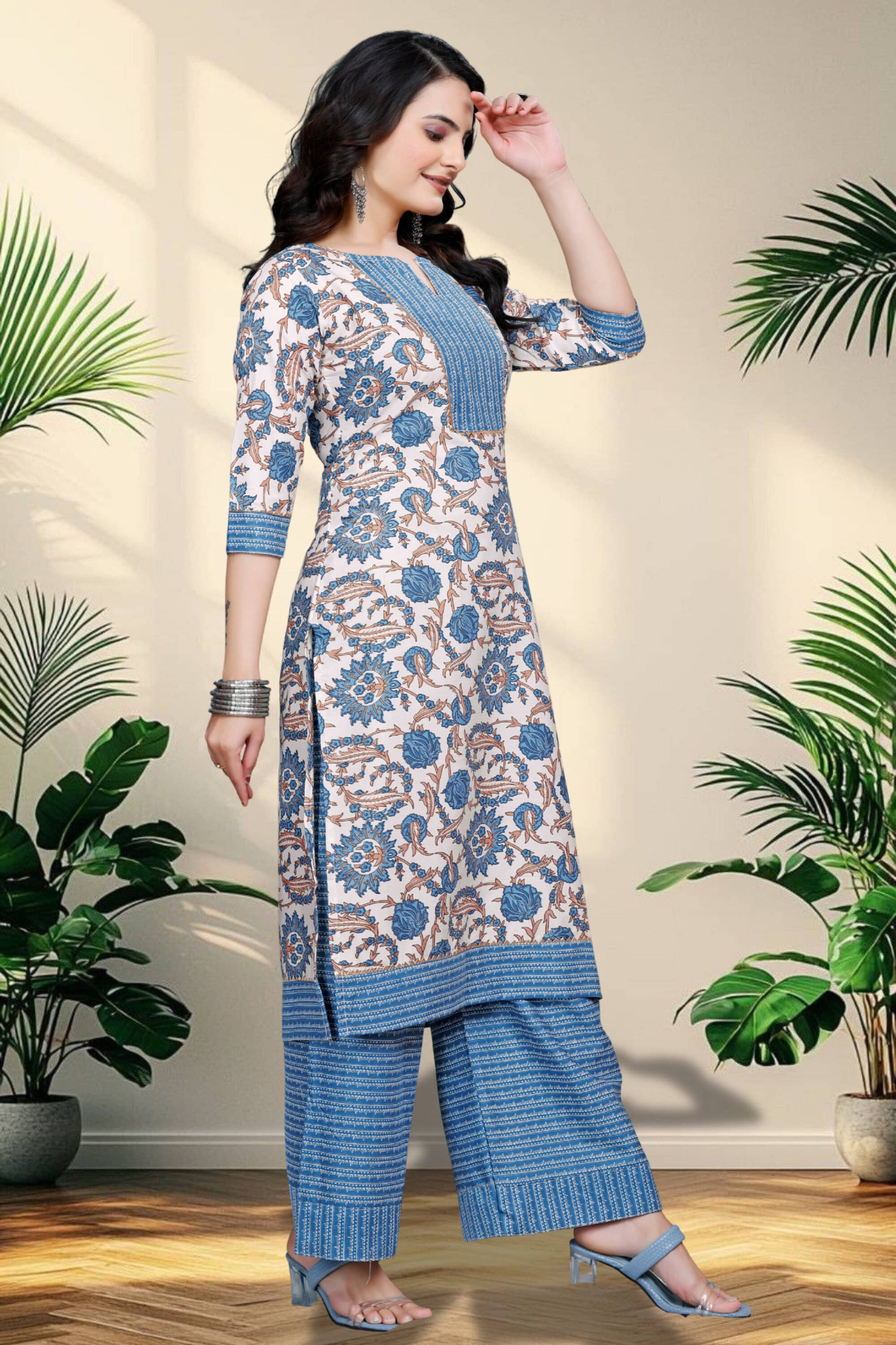     			ZELZIS Women Cotton Printed A-line Kurti With Sharara And Gharara ( Blue )
