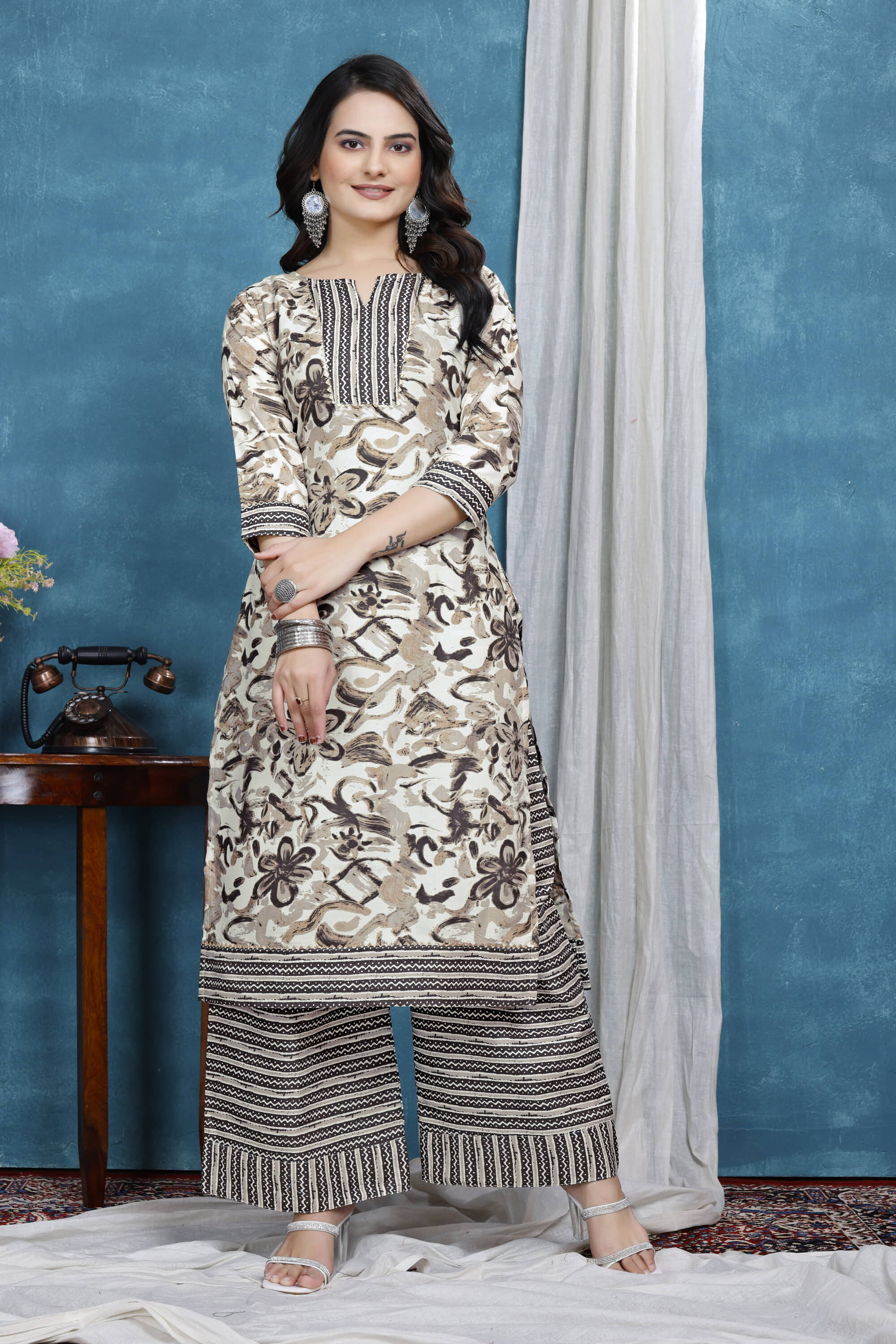     			ZELZIS Women Cotton Printed A-line Kurti With Sharara And Gharara ( Cream )