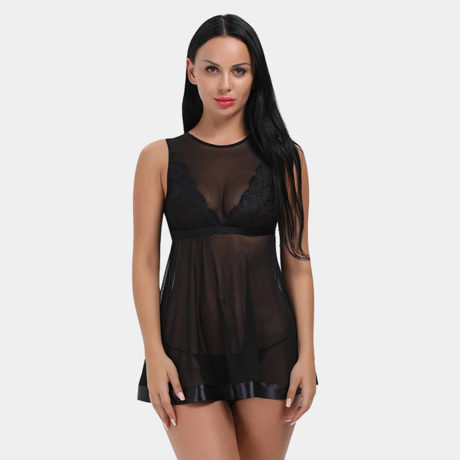     			Zerjama Black Net Women Baby Doll Dress With Panty