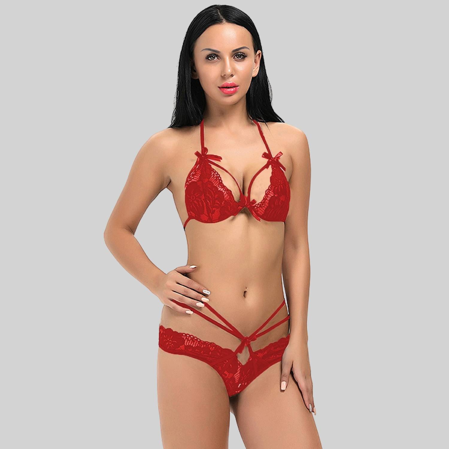     			Zerjama Lace Non Padded Bra & Panty Set ( Red , Pack of 1 )