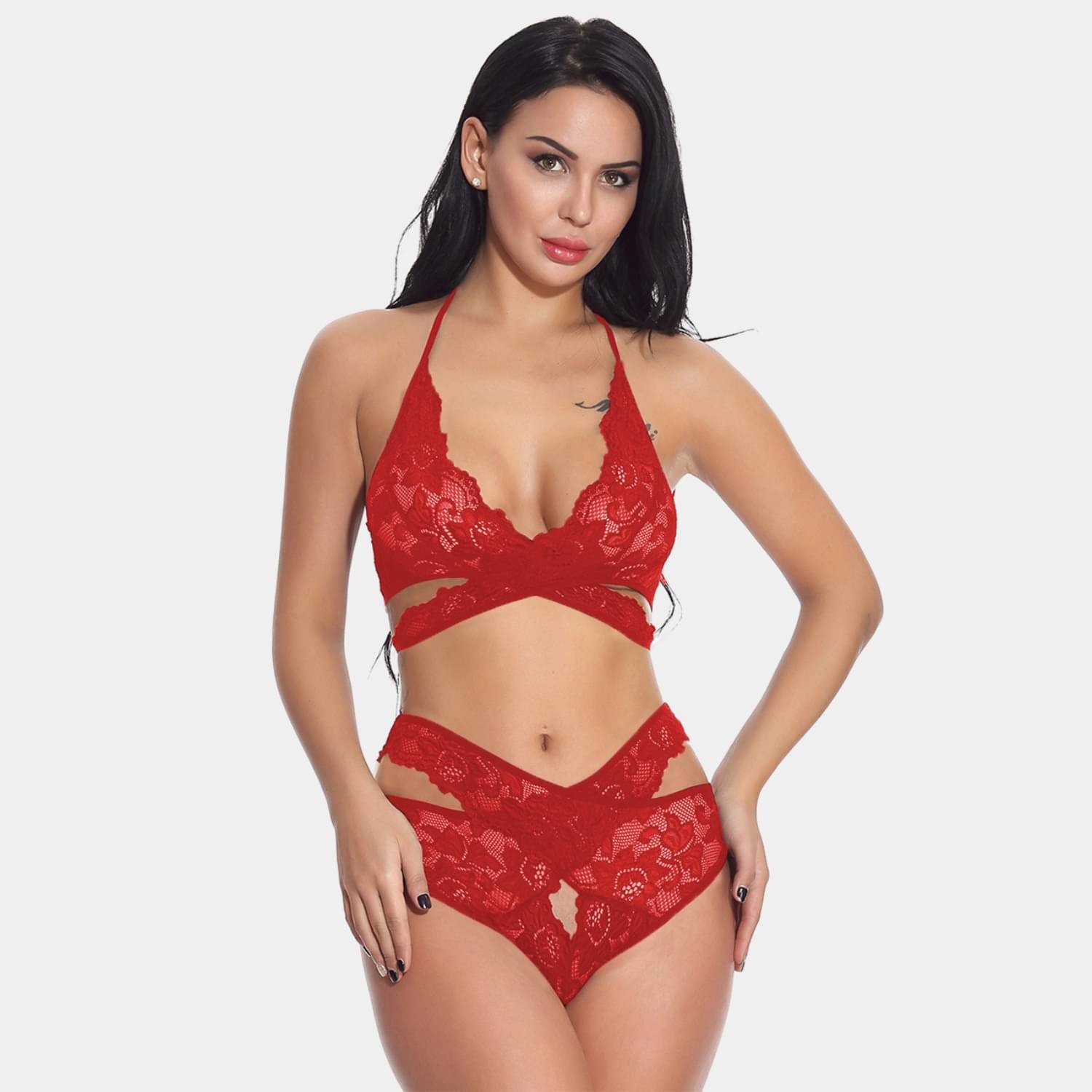     			Zerjama Lace Non Padded Bra & Panty Set ( Red , Pack of 1 )