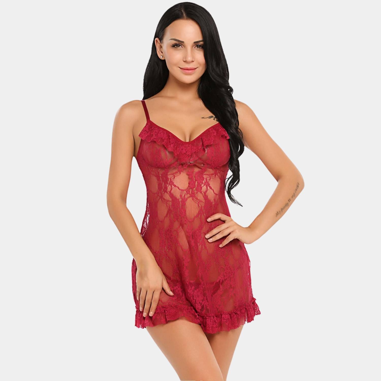     			Zerjama Maroon Lace Women Baby Doll Dress With Panty