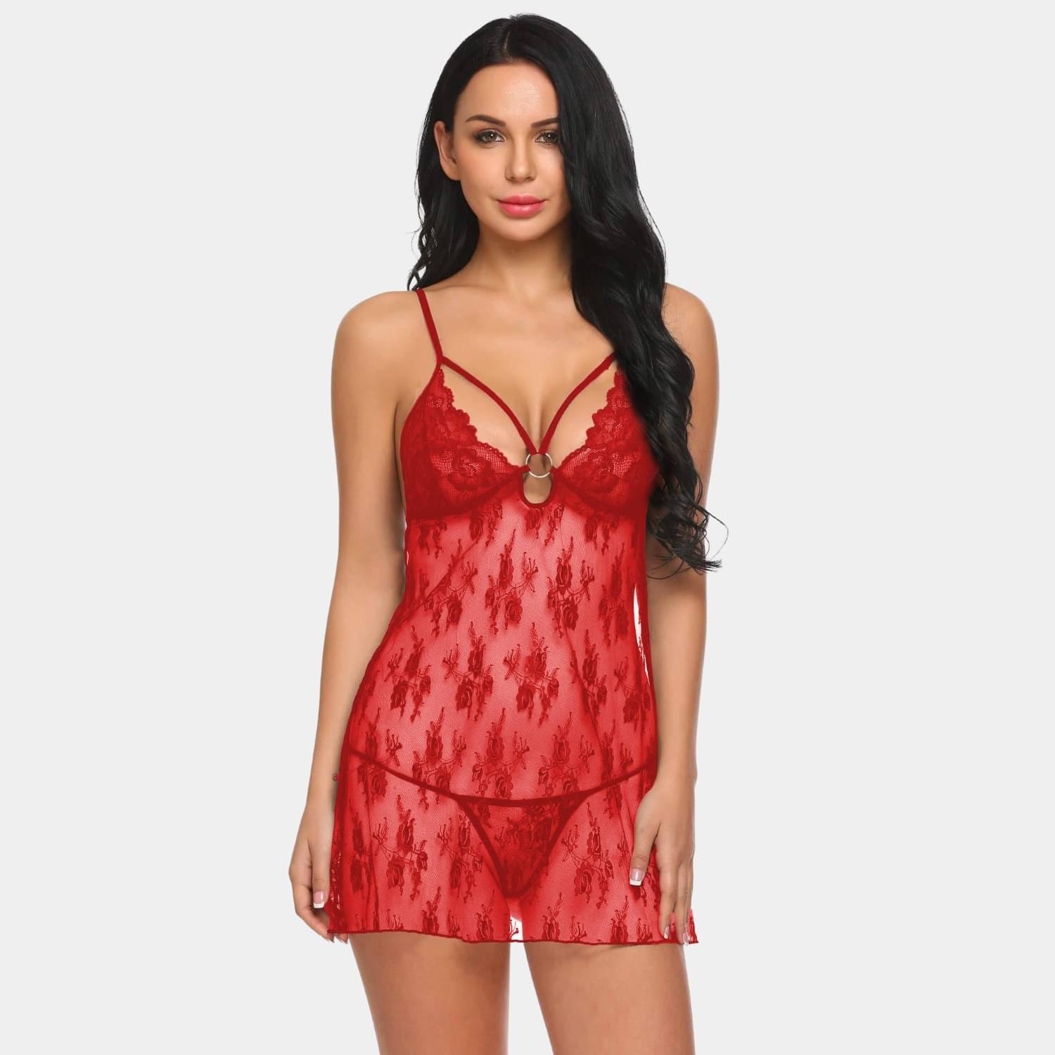     			Zerjama Red Lace Women Baby Doll Dress With Panty