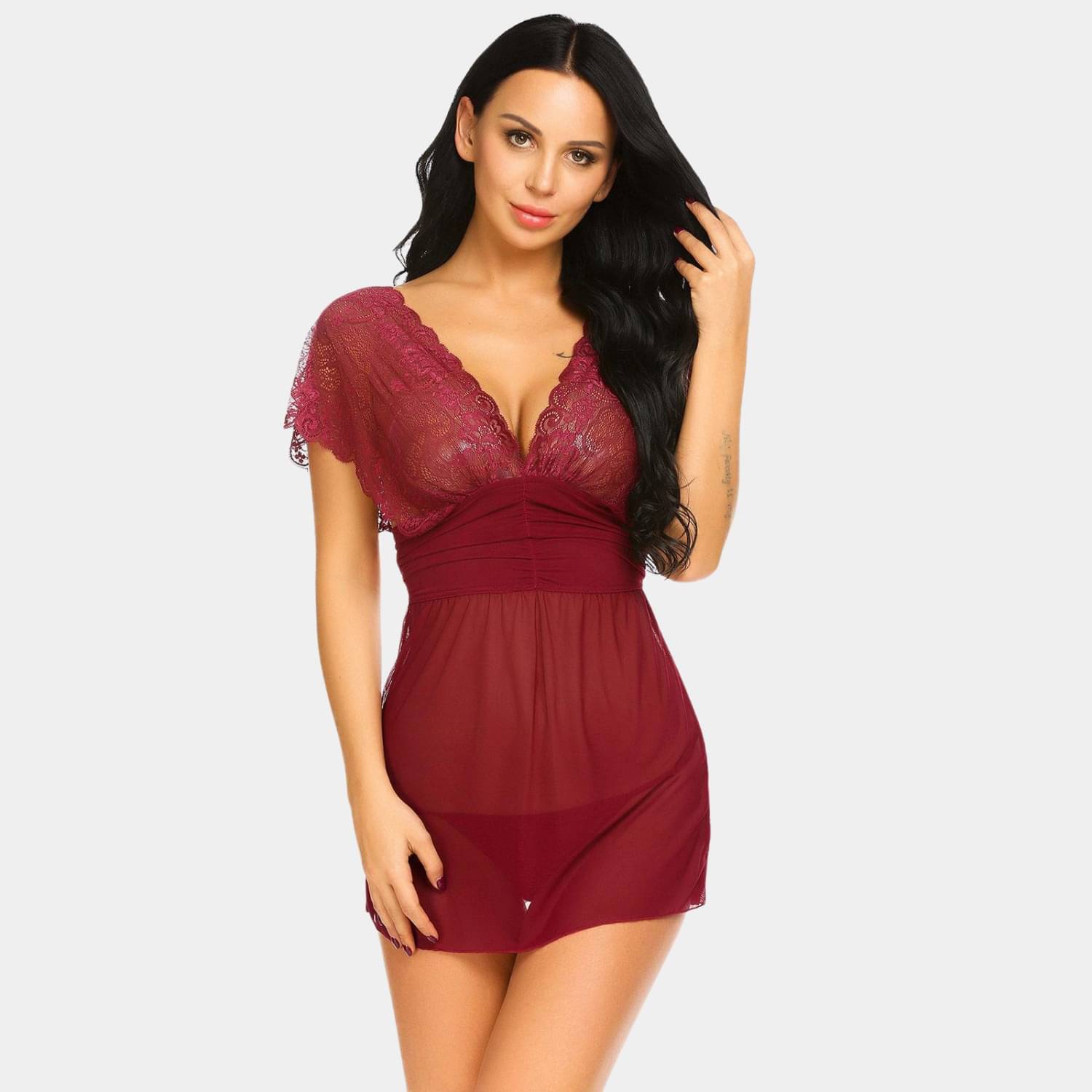     			Zerjama Wine Net Women Baby Doll Dress With Panty