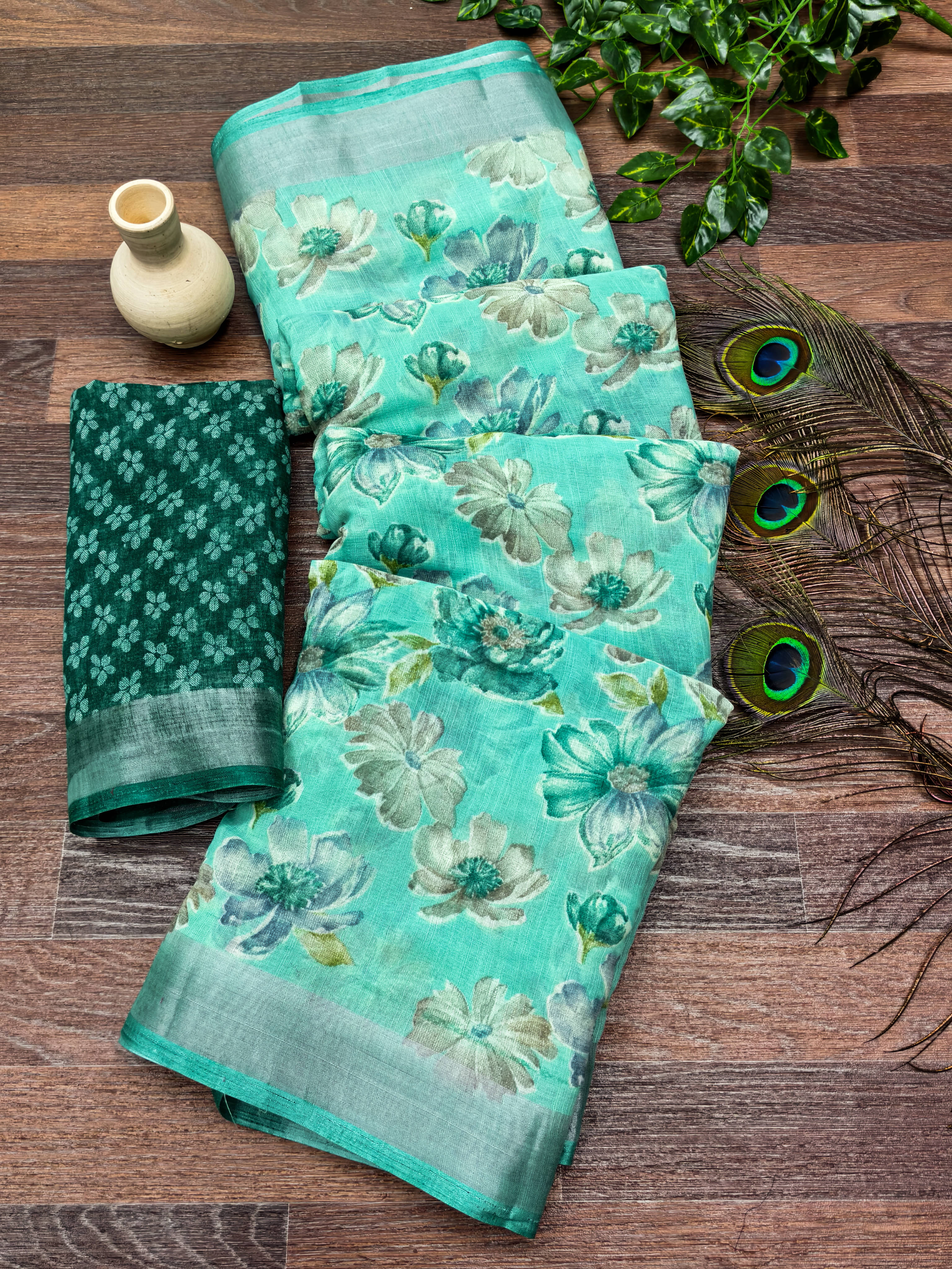     			ANAND SAREES Linen Printed Ilkal Saree With Unstitched Blouse Piece ( RAMA )