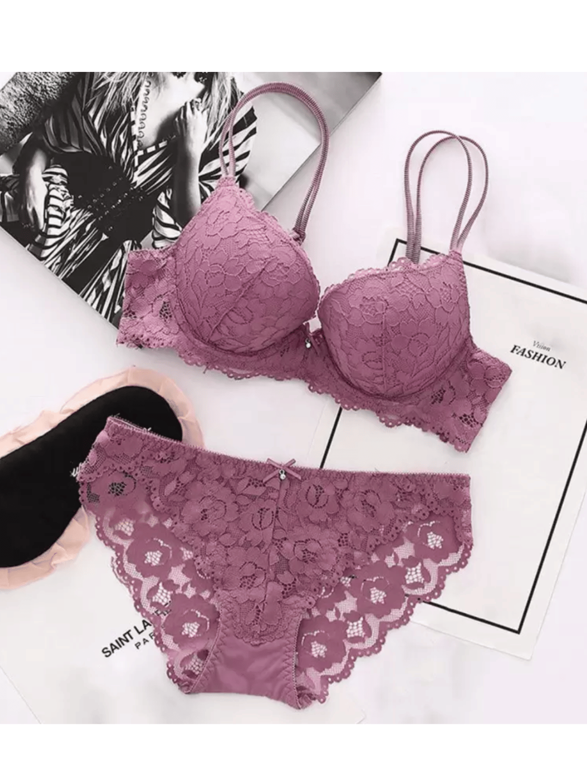 BOM BOM Cotton Lycra Lightly Padded Bra & Panty Set ( Purple , Pack of 1 )     			BOM BOM Cotton Lycra Lightly Padded Bra & Panty Set ( Purple , Pack of 1 )