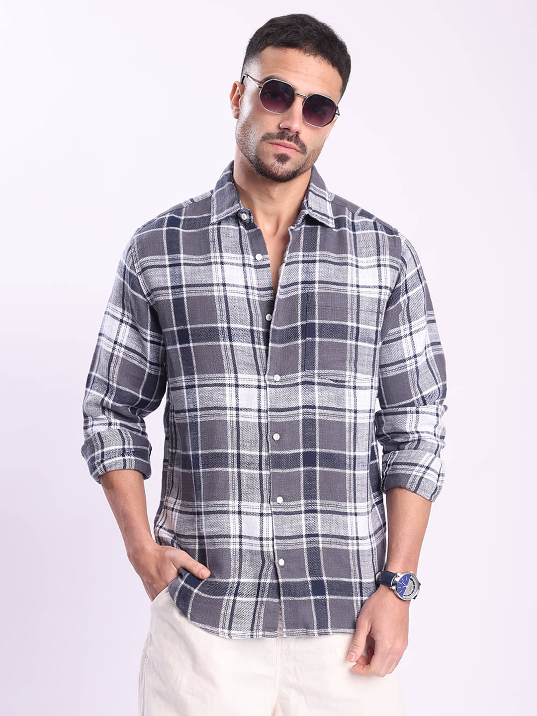     			Bene Kleed 100% Cotton Slim Fit Checks Full Sleeves Men's Casual Shirt - Grey ( Pack of 1 )