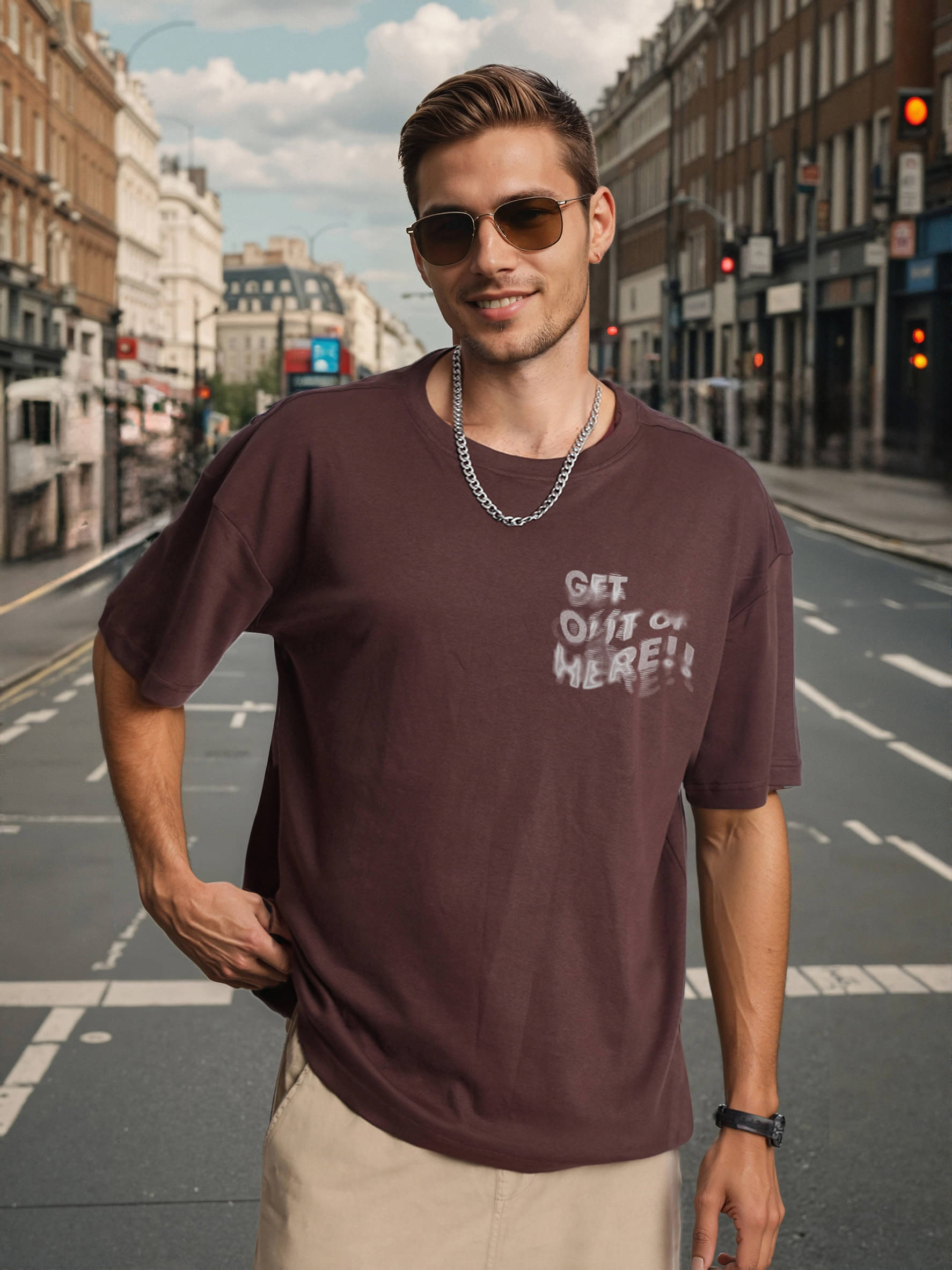     			Bene Kleed Men 100% Cotton Oversized Fit Printed T-Shirt ( Brown )
