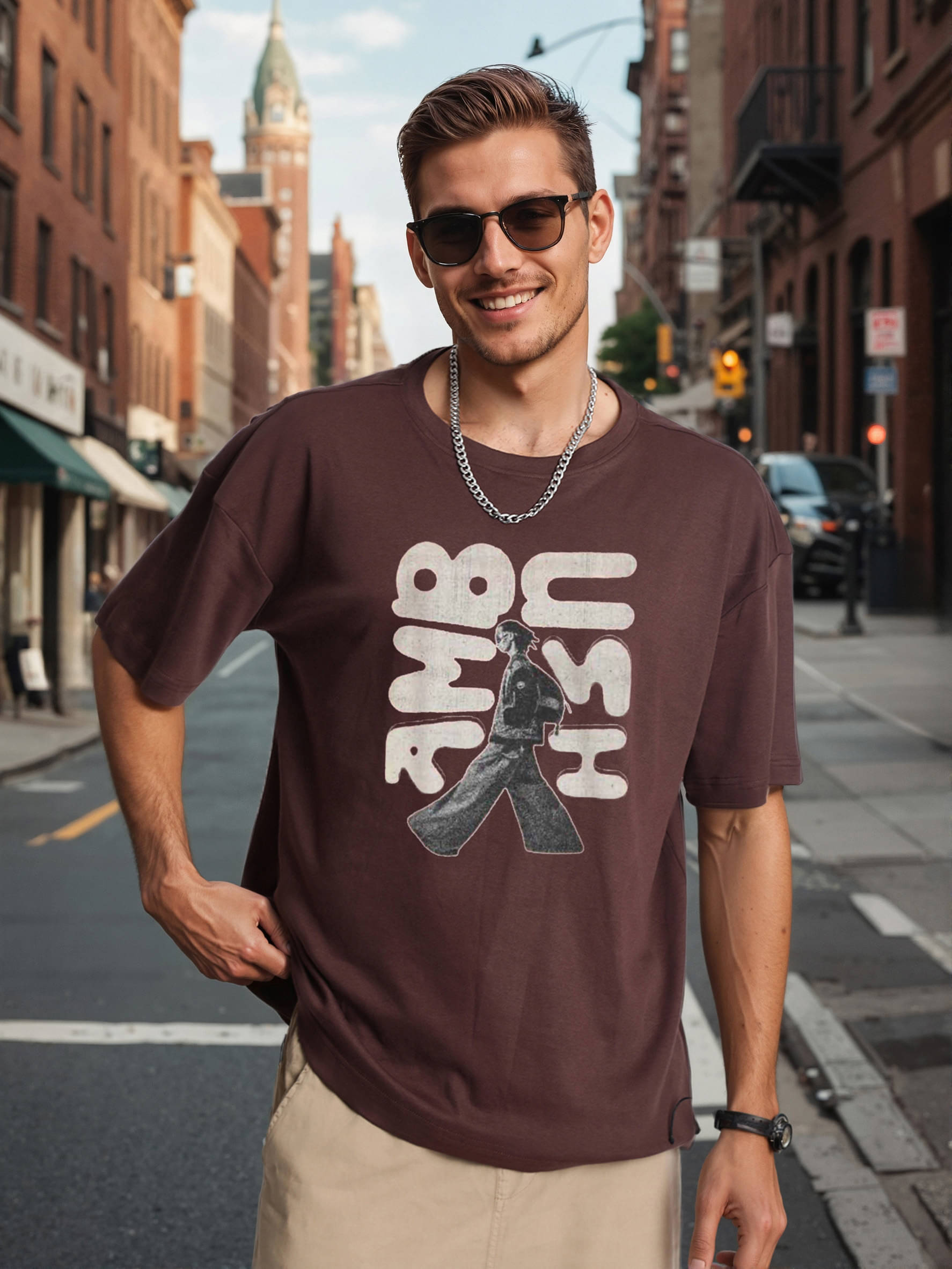     			Bene Kleed Men 100% Cotton Oversized Fit Printed T-Shirt ( Brown )