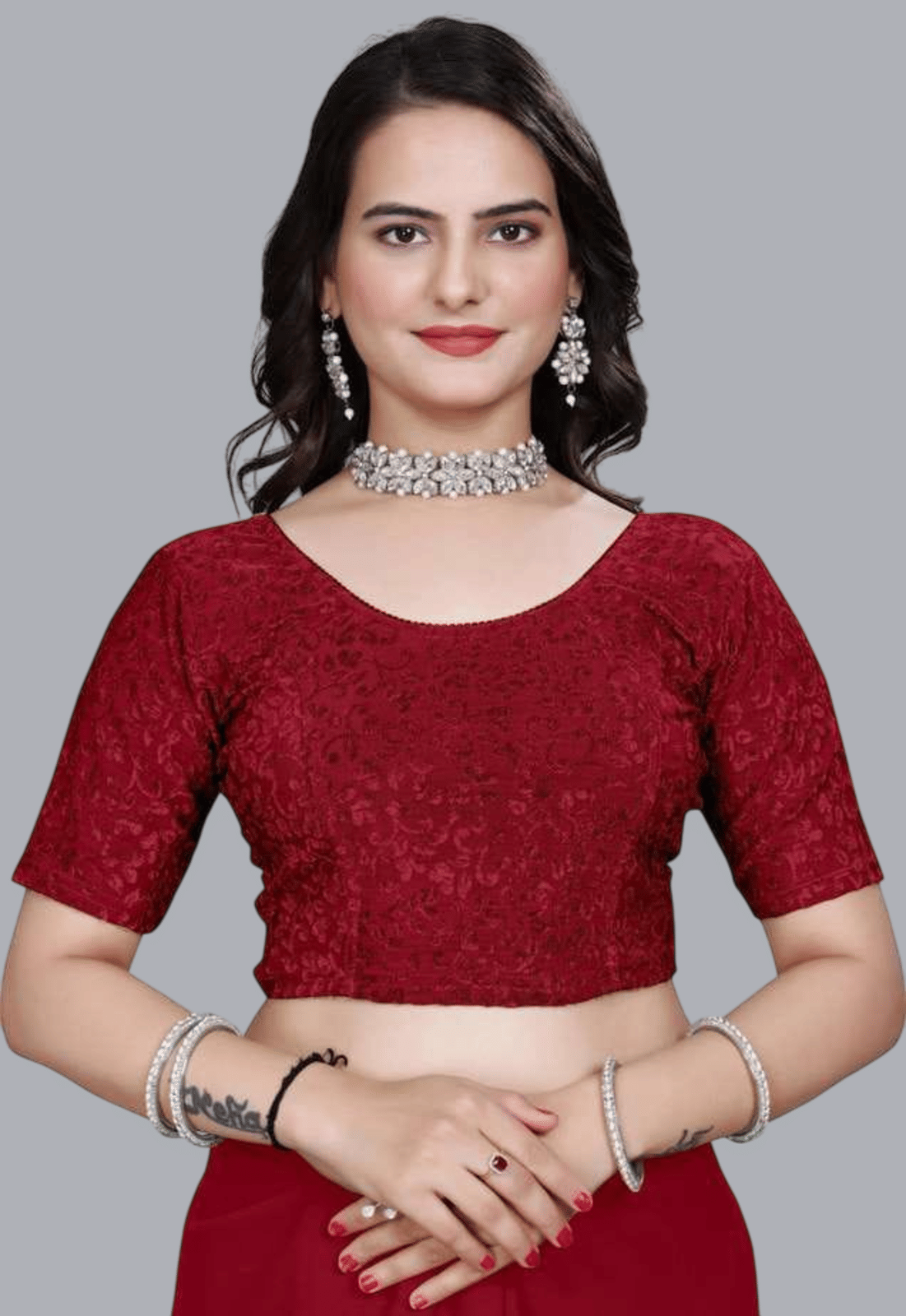 Bulbul Maroon Readymade without Pad Lycra Women's Blouse ( Pack of 1 )