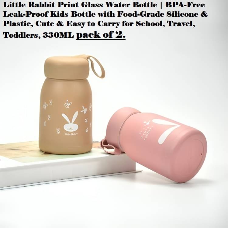     			Dust N Shine Little Rabbit Print Glass Water Bottle | BPA-Free Leak-Proof Kids Bottle with Food-Grade Silicone & Plastic (330ML, Pack of 2, Multicolor)
