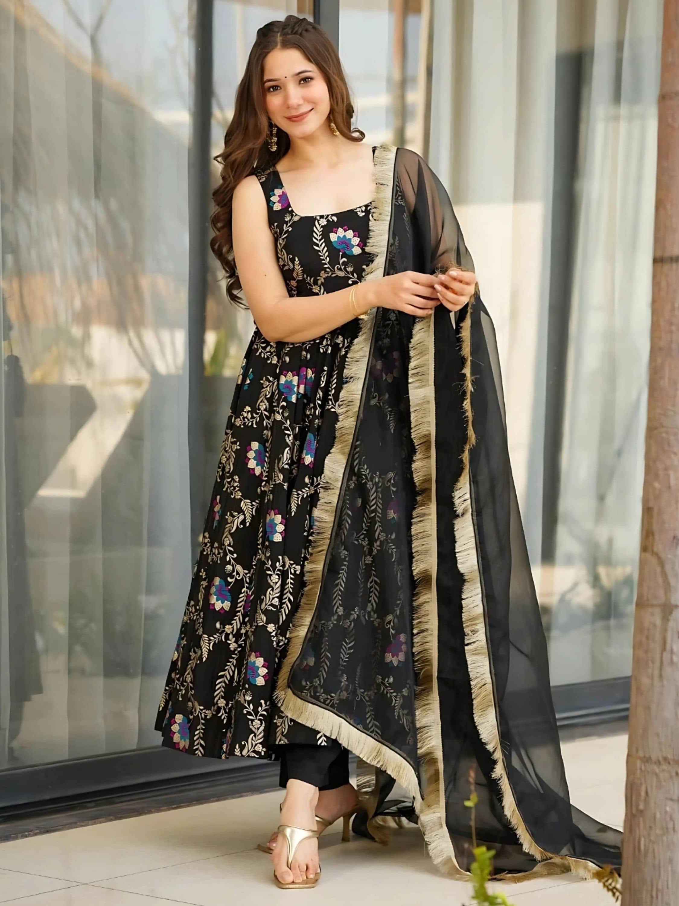 Eeloo Women Silk Blend Embroidered Straight Kurti With Pants ( Black )