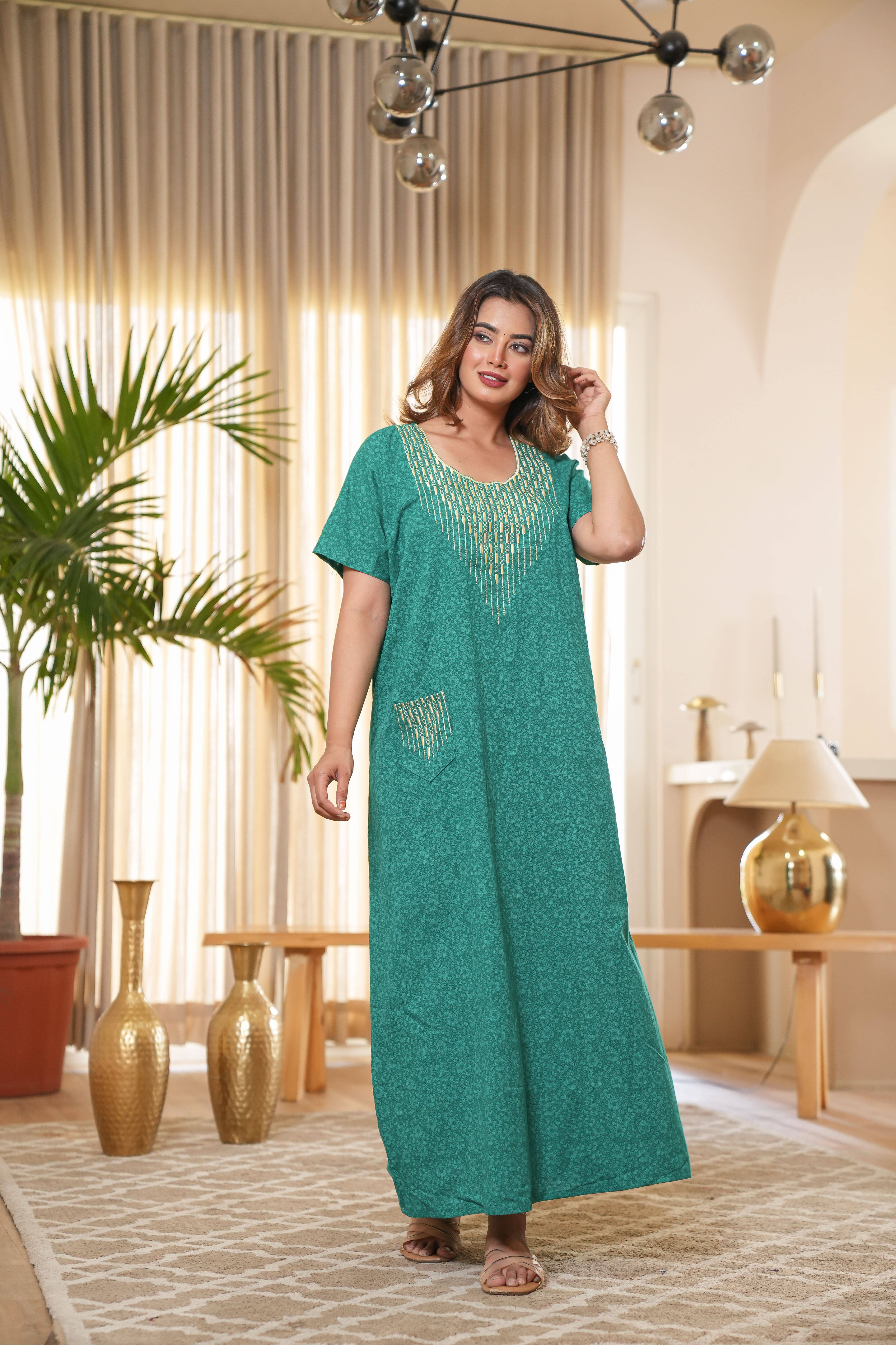     			G4Girl Cotton Embroidered Women Regular Nighty ( Lime Green )