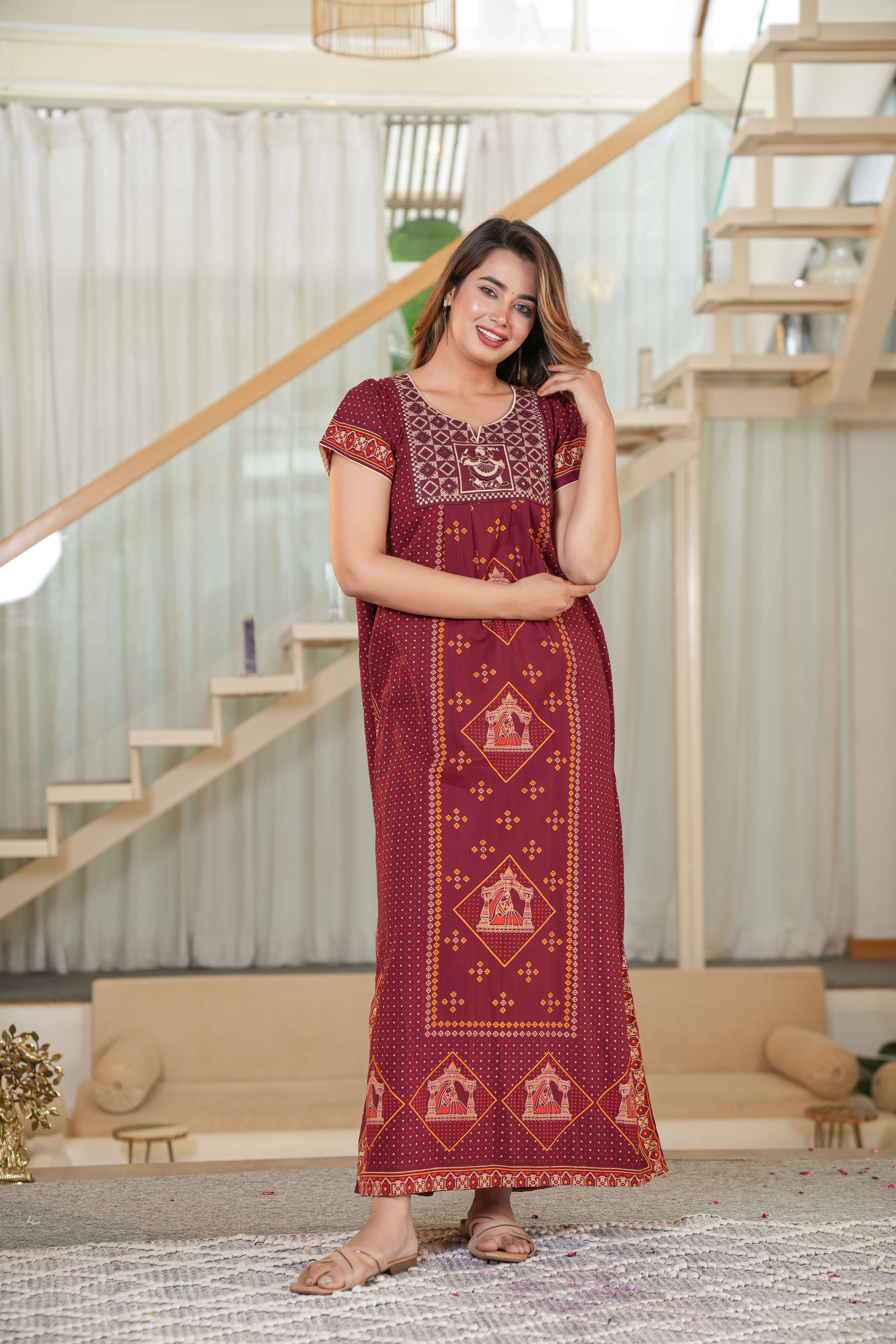     			G4Girl Cotton Embroidered Women Regular Nighty ( Maroon )