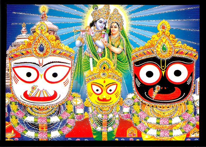     			JAGANNATH BALARAM SUVADRA WITH RADHA KRISHNA Sparkled Laminated Photo 7 (Width) x 5 (Length) inch on Wooden Base With Back Support Mount