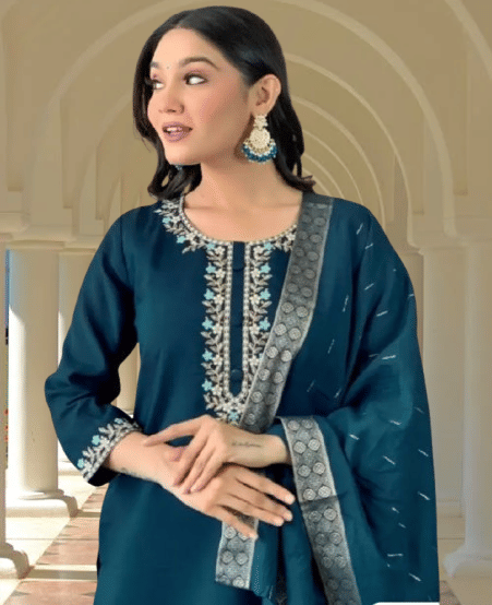     			KRISHNA ENTERPRISE Women Rayon Embroidered A-line Kurti With Salwar ( Blue )