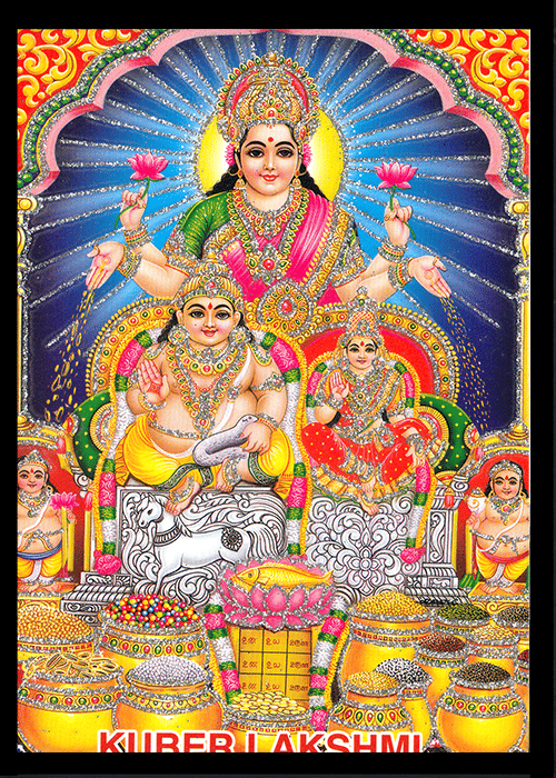 KUBER MAHARAJ LAKSHMI MATA Sparkled Laminated Photo 5 (Width) x 7 (Length) inch on Wooden Base With Back Support Mount KUBER MAHARAJ LAKSHMI MATA Sparkled Laminated Photo 5 (Width) x 7 (Length) inch on Wooden Base With Back Support Mount