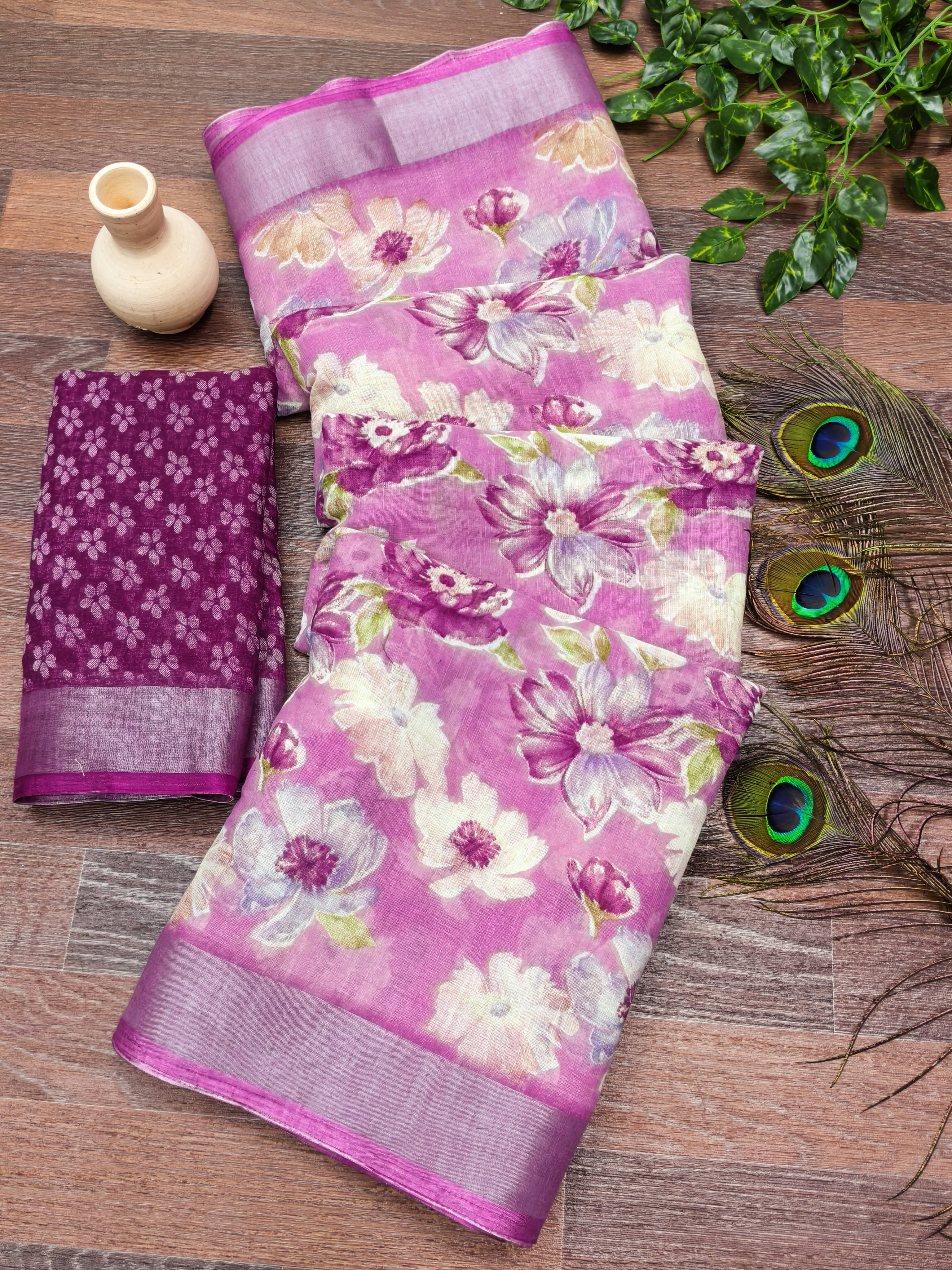     			Kashvi Sarees Linen Printed Ilkal Saree With Unstitched Blouse Piece ( PINK )