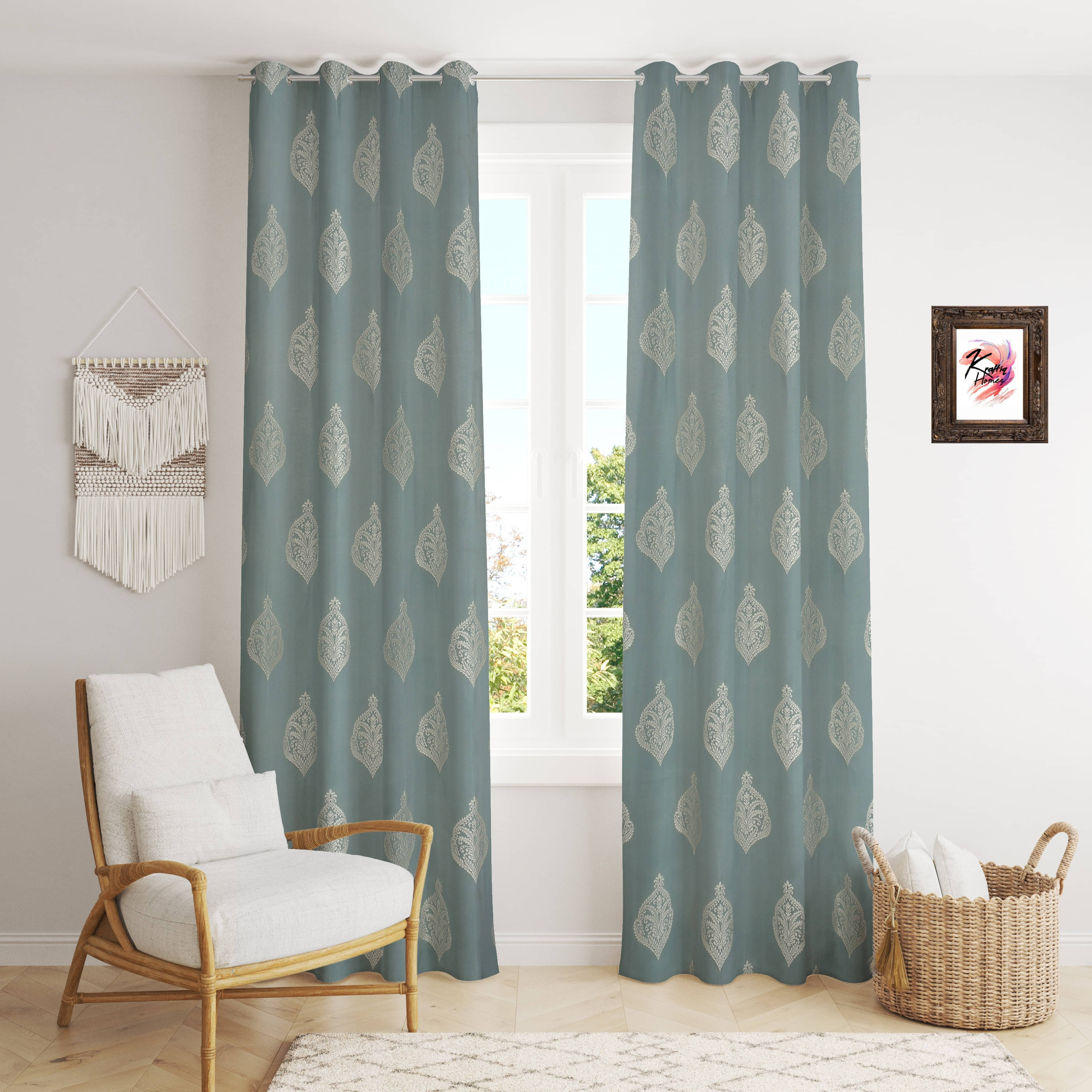 Kraftiq Homes Abstract Blackout Eyelet Curtain 9 ft ( Pack of 2 ) - Blue Kraftiq Homes Abstract Blackout Eyelet Curtain 9 ft ( Pack of 2 ) - Blue