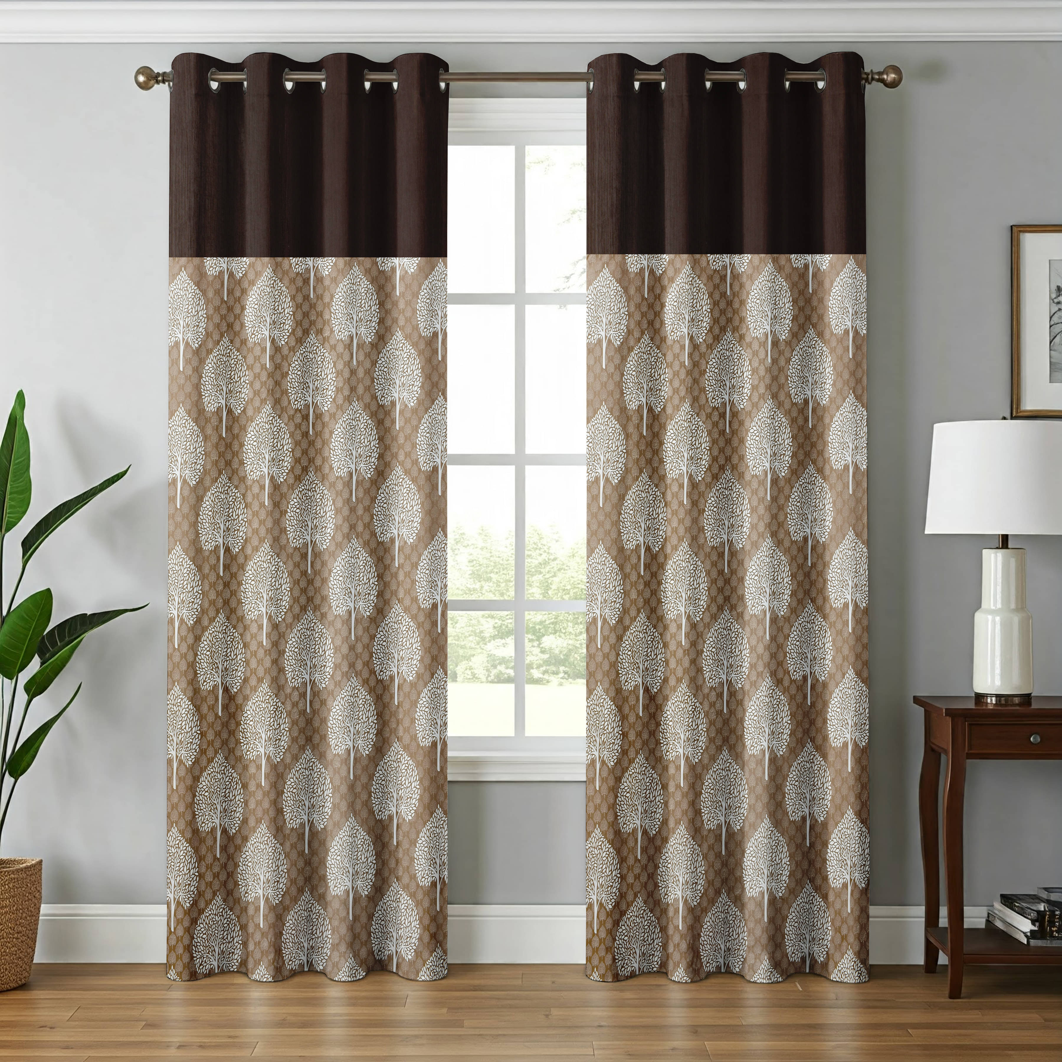     			Kraftiq Homes Abstract Semi-Transparent Eyelet Curtain 7 ft ( Pack of 2 ) - Brown