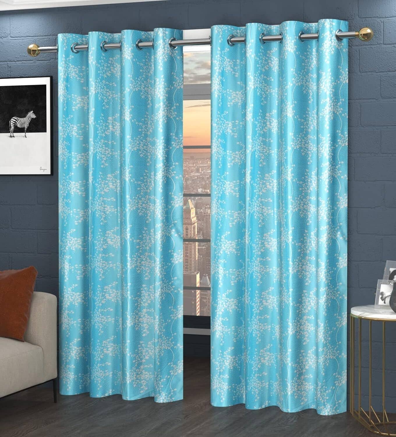 Kraftiq Homes Abstract Semi-Transparent Eyelet Curtain 7 ft ( Pack of 2 ) - Blue