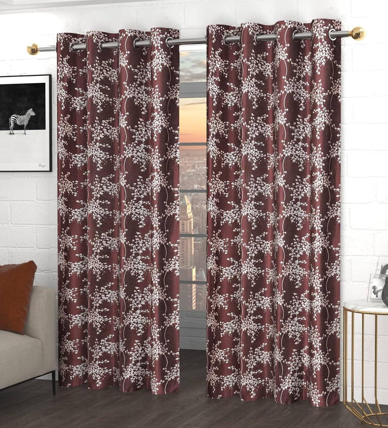     			Kraftiq Homes Abstract Semi-Transparent Eyelet Curtain 5 ft ( Pack of 2 ) - Brown