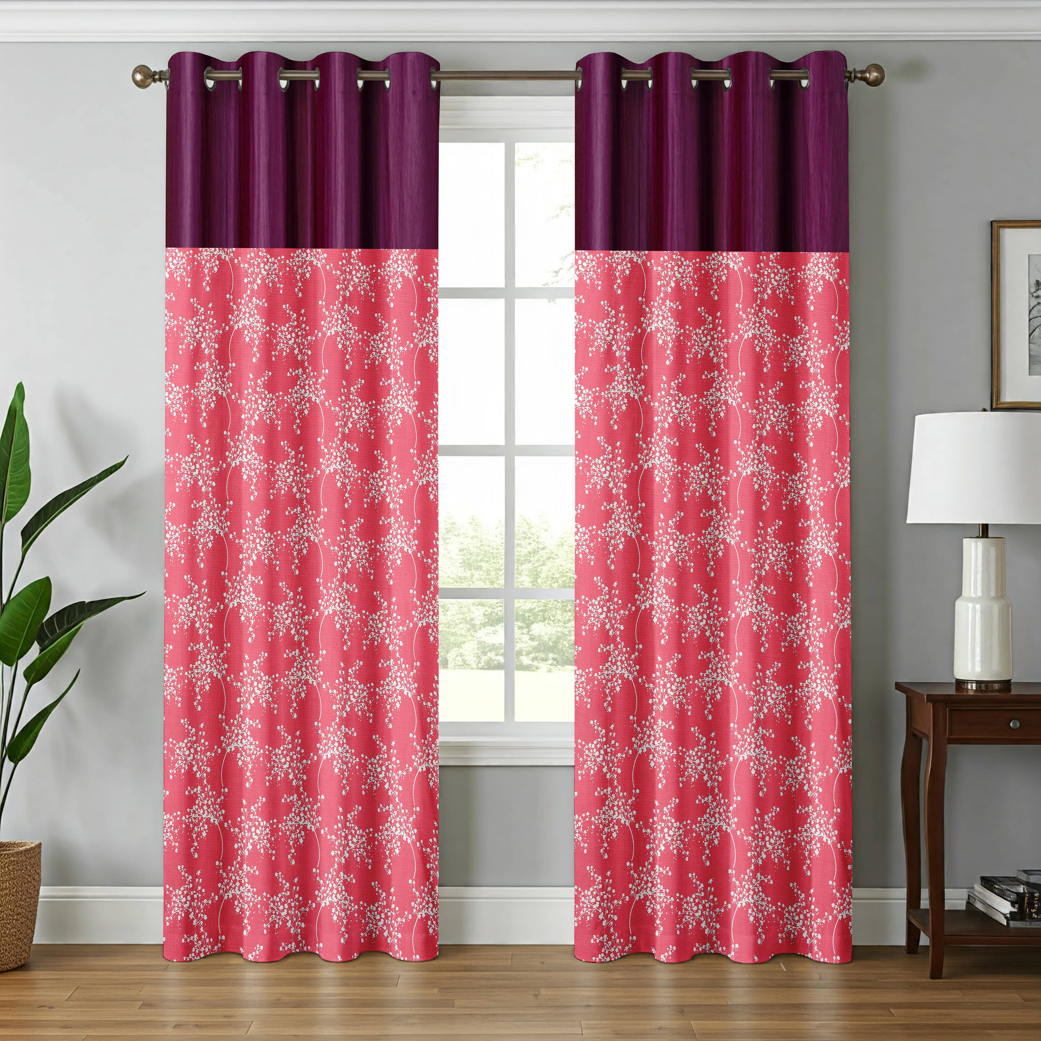     			Kraftiq Homes Floral Semi-Transparent Eyelet Curtain 7 ft ( Pack of 2 ) - Maroon