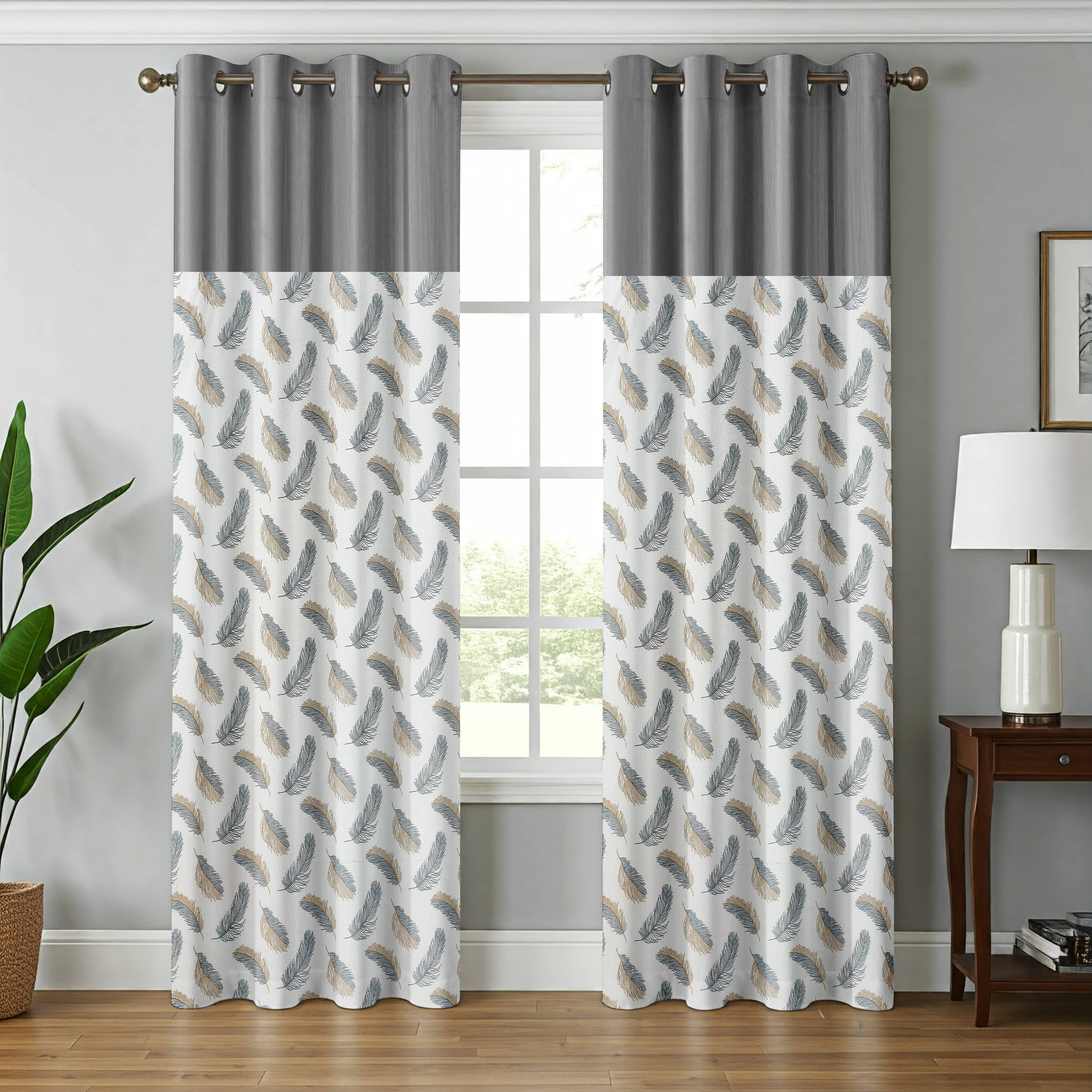 Kraftiq Homes Floral Semi-Transparent Eyelet Curtain 7 ft ( Pack of 2 ) - Grey