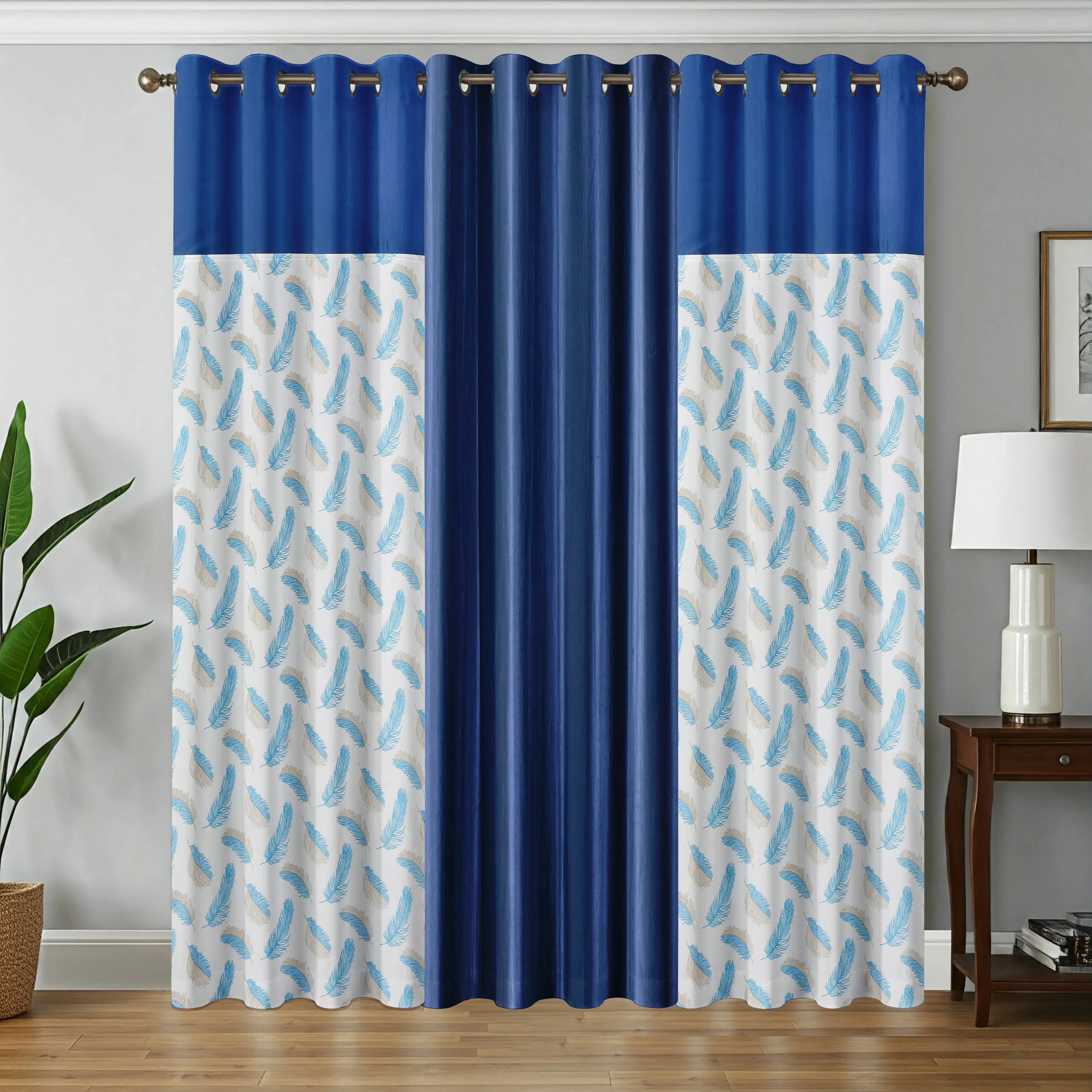 Kraftiq Homes Floral Semi-Transparent Eyelet Curtain 7 ft ( Pack of 3 ) - Blue Kraftiq Homes Floral Semi-Transparent Eyelet Curtain 7 ft ( Pack of 3 ) - Blue