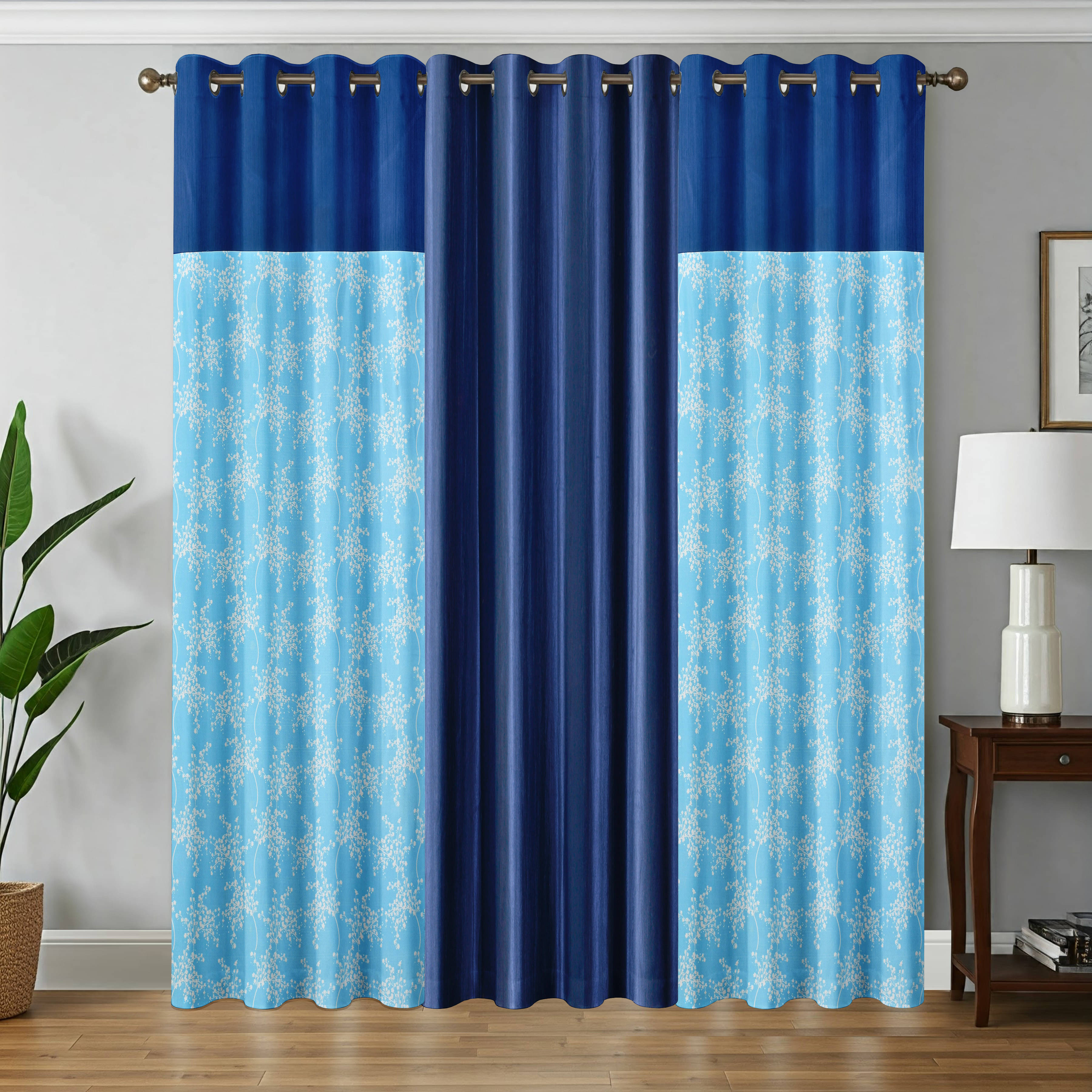 Kraftiq Homes Floral Semi-Transparent Eyelet Curtain 5 ft ( Pack of 3 ) - Blue Kraftiq Homes Floral Semi-Transparent Eyelet Curtain 5 ft ( Pack of 3 ) - Blue