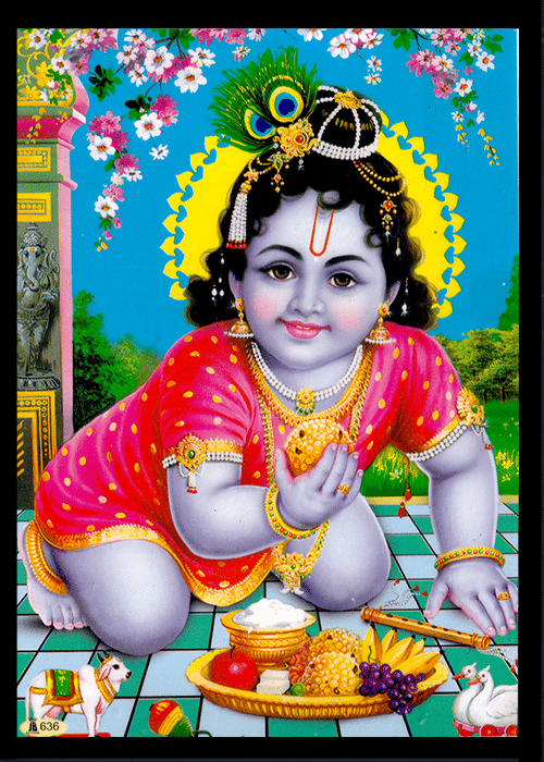     			LADDU GOPAL Sparkled Laminated Photo 5 (Width) x 7 (Length) inch on Wooden Base With Back Support Mount