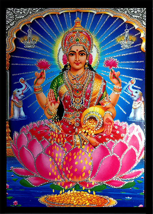 MAHALAKSHMI MATA Sparkled Laminated Photo 5 (Width) x 7 (Length) inch on Wooden Base With Back Support Mount MAHALAKSHMI MATA Sparkled Laminated Photo 5 (Width) x 7 (Length) inch on Wooden Base With Back Support Mount