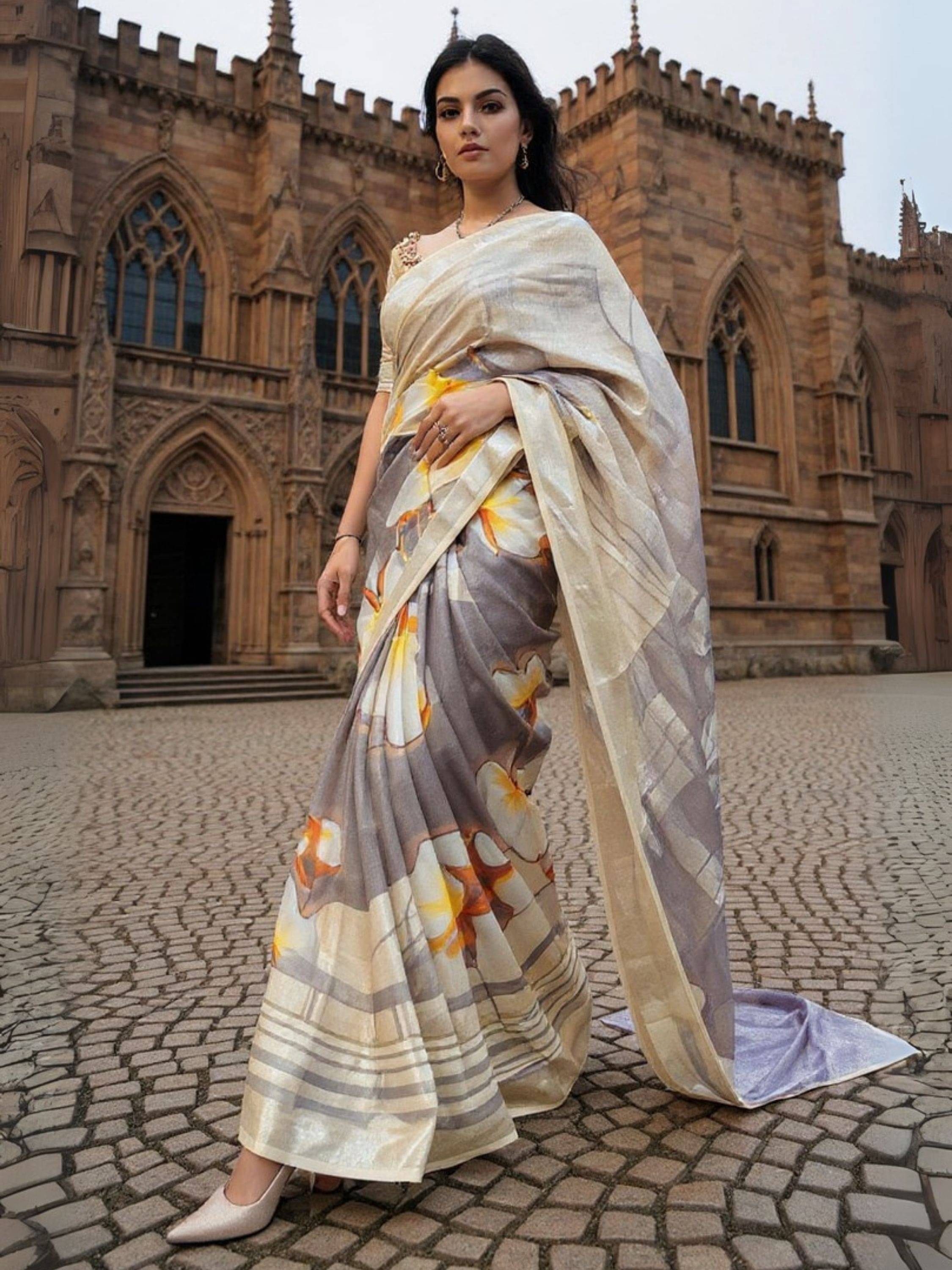     			Niza Fashion Cotton Printed Regular Saree With Unstitched Blouse Piece ( Cream )