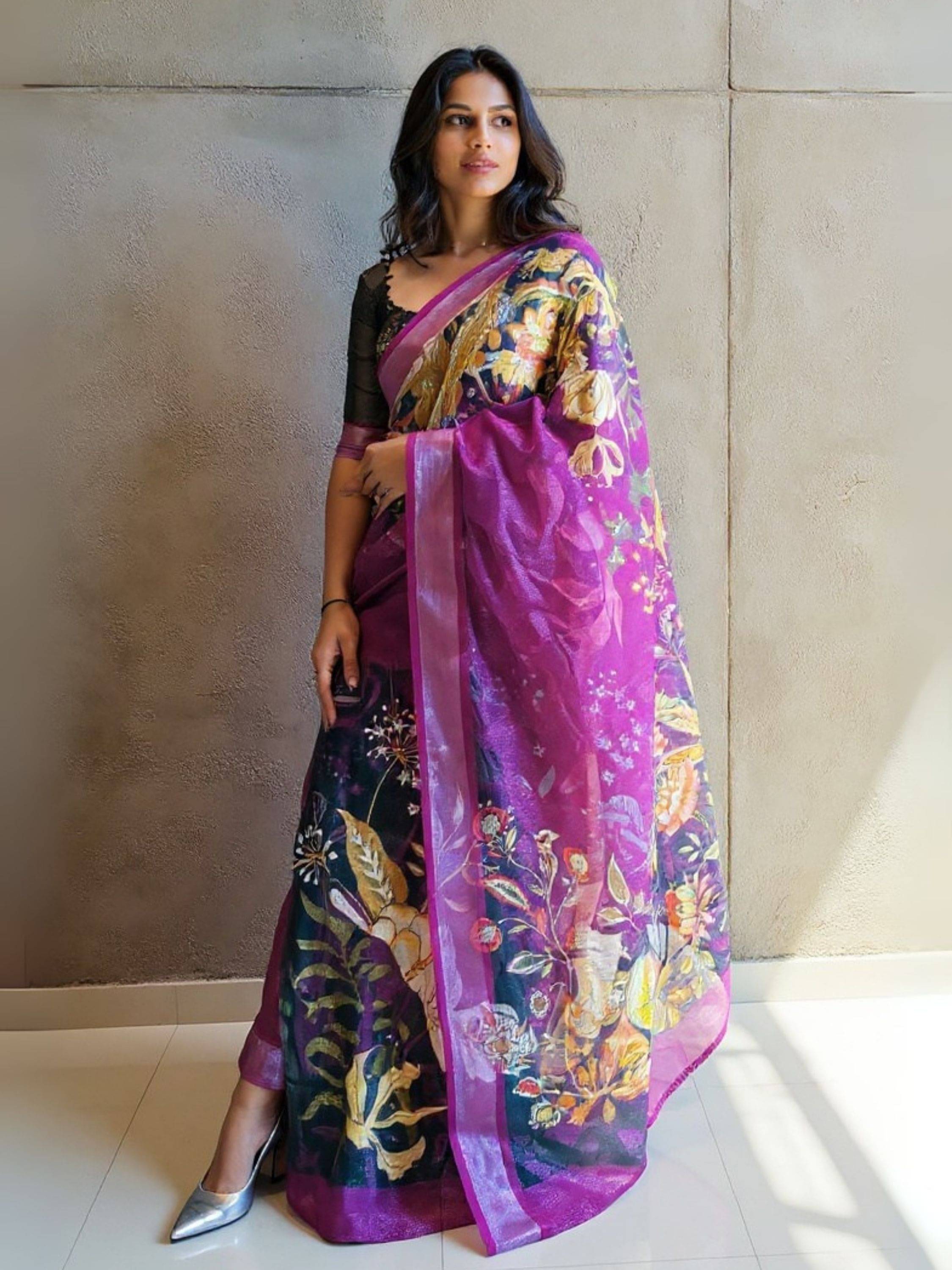     			Niza Fashion Cotton Printed Regular Saree With Unstitched Blouse Piece ( Purple )