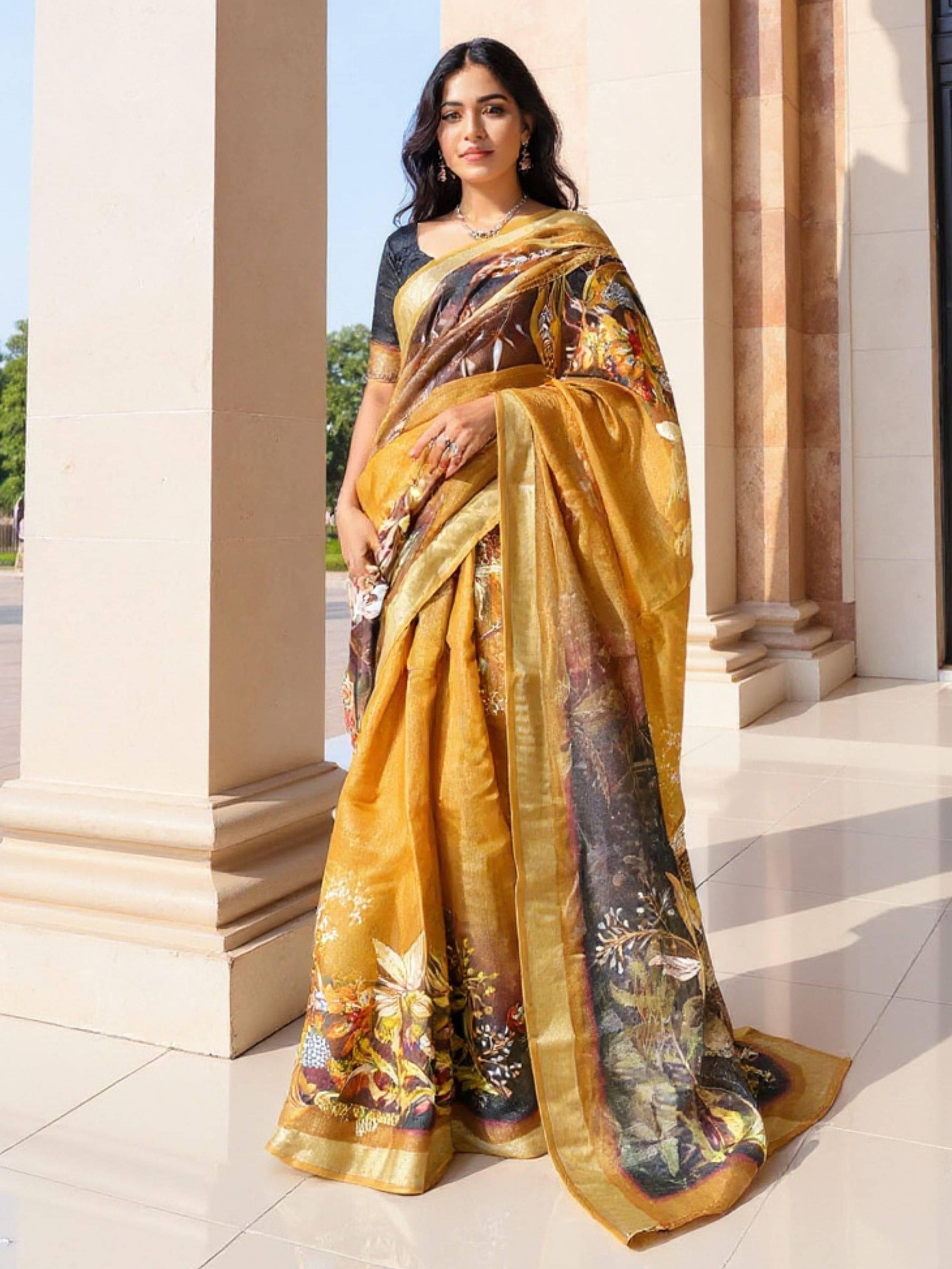     			Niza Fashion Cotton Printed Regular Saree With Unstitched Blouse Piece ( Mustard )
