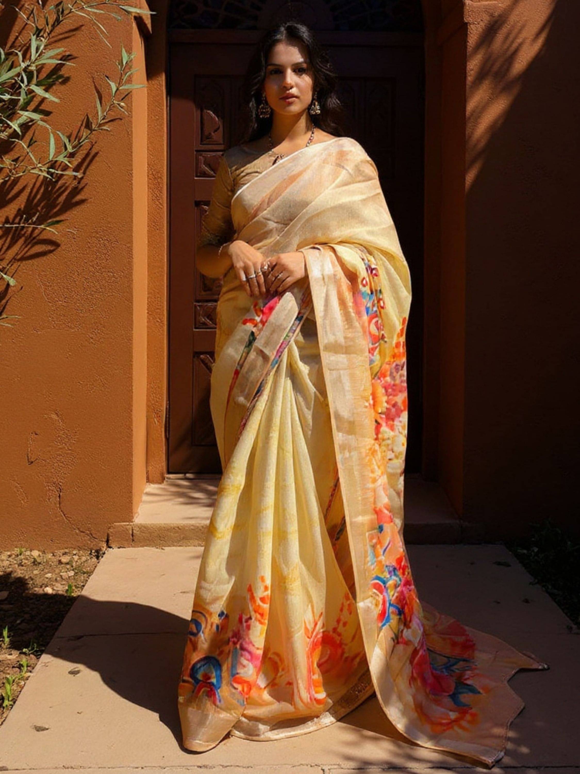     			Niza Fashion Cotton Printed Regular Saree With Unstitched Blouse Piece ( Cream )